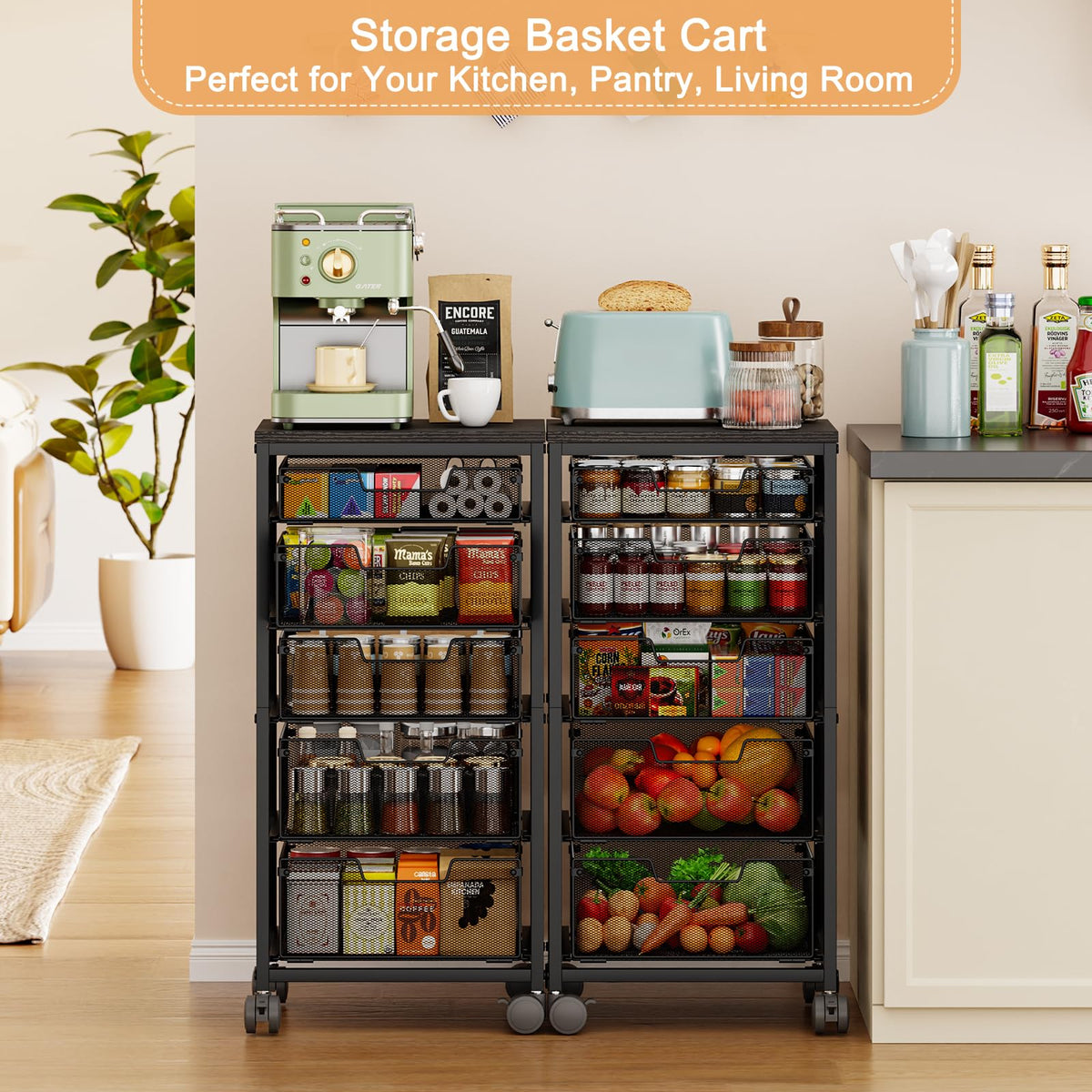 Kitchen Storage Cart with Drawer, 5-Tier Fruit Vegetable Storage Cart, Kitchen Organizer and