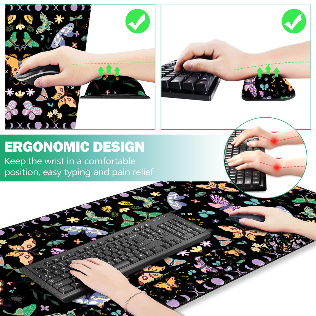 ARTSO Desk Mat Set, Black Butterfly Extended Gaming Mouse Pad with Wrist Rest Support +Keyboard