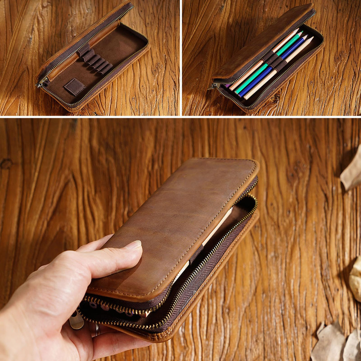 Leather Pencil Case Organizer 10 Slots, Portable Pouch for Fountain Pen
