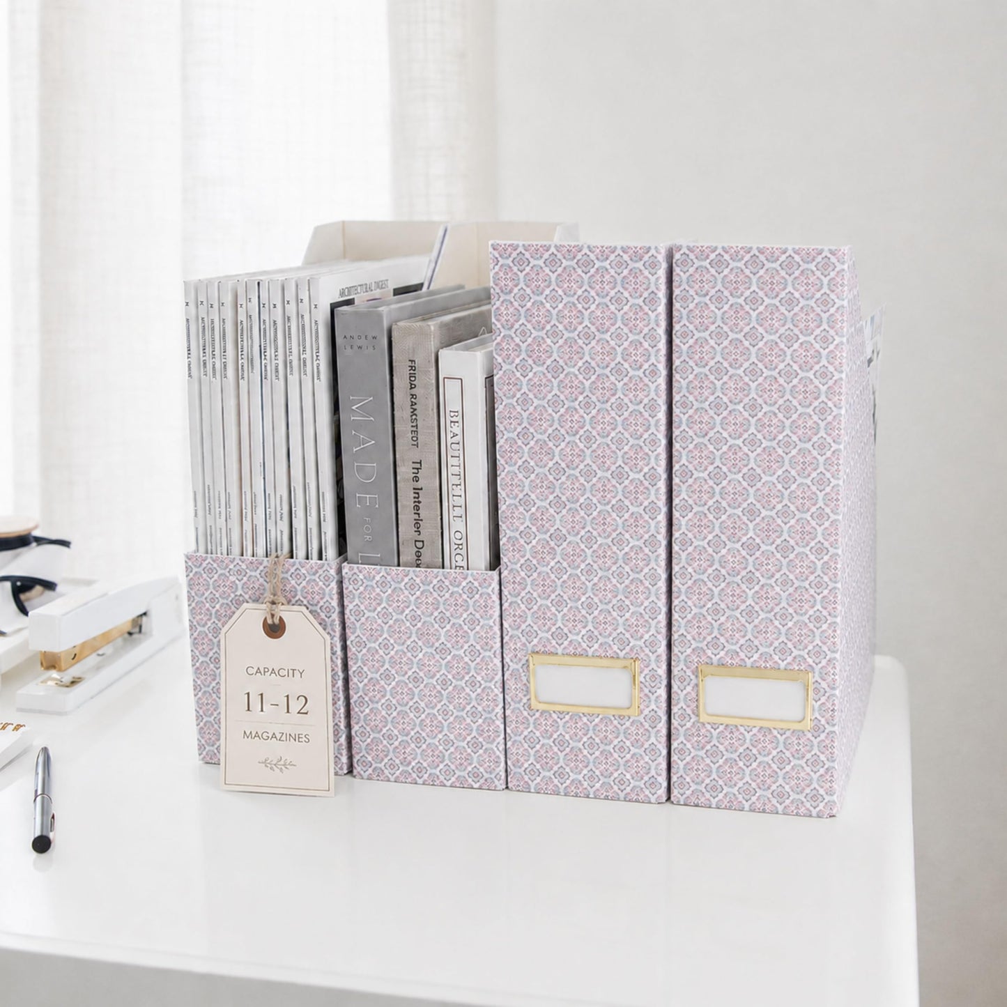 BLU MONACO | Foldable Magazine File Holder Set of 4 | Moroccan Tile Cardboard Organizers | Vertical