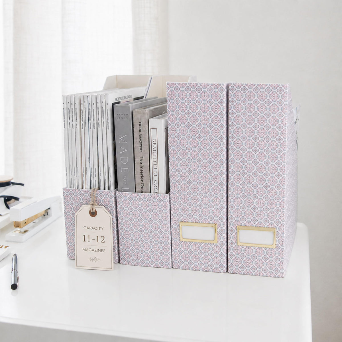 BLU MONACO | Foldable Magazine File Holder Set of 4 | Moroccan Tile Cardboard Organizers | Vertical