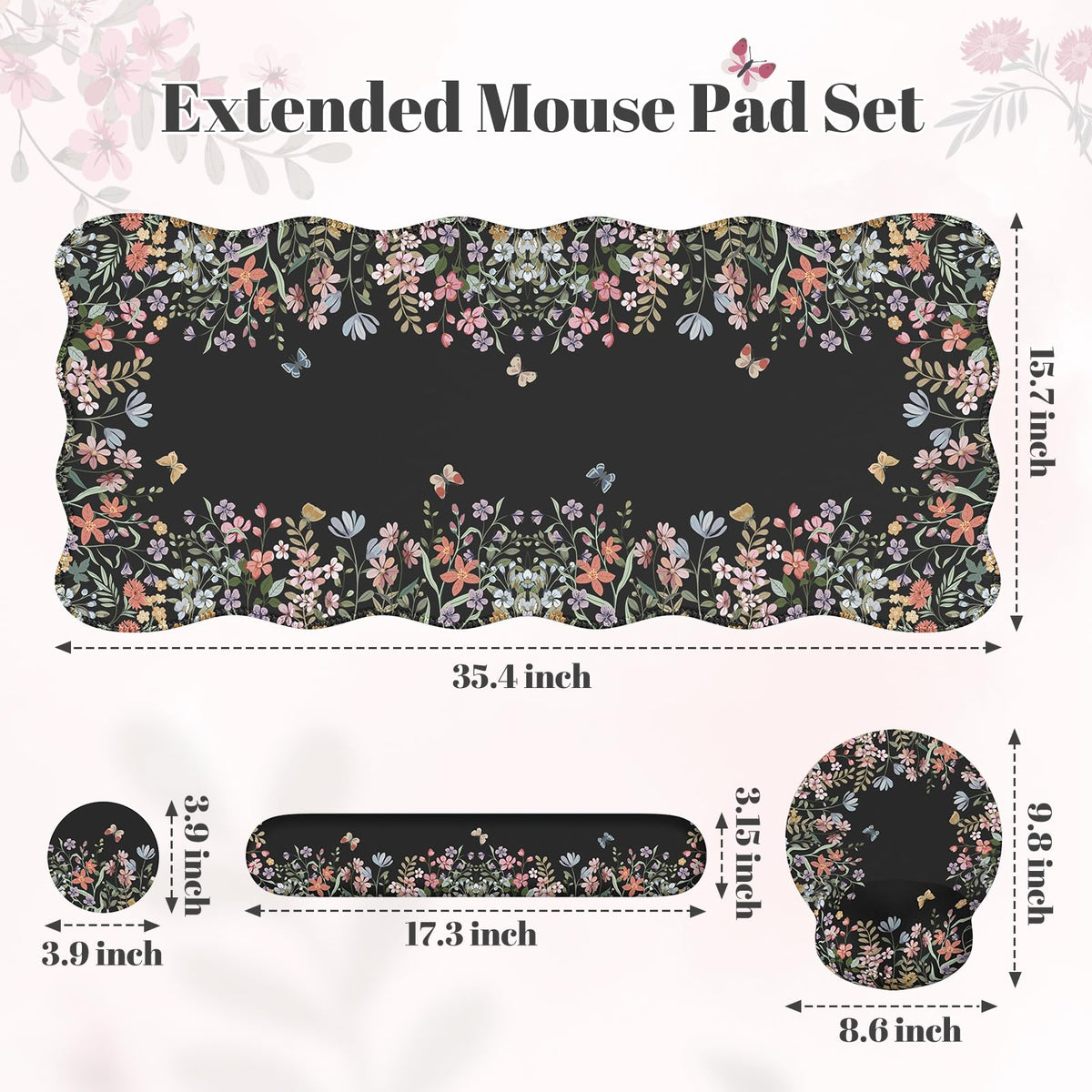 iLeadon Cute Desk Mat Set, Scalloped Floral Desk Mat Keyboard Mouse Pad Set