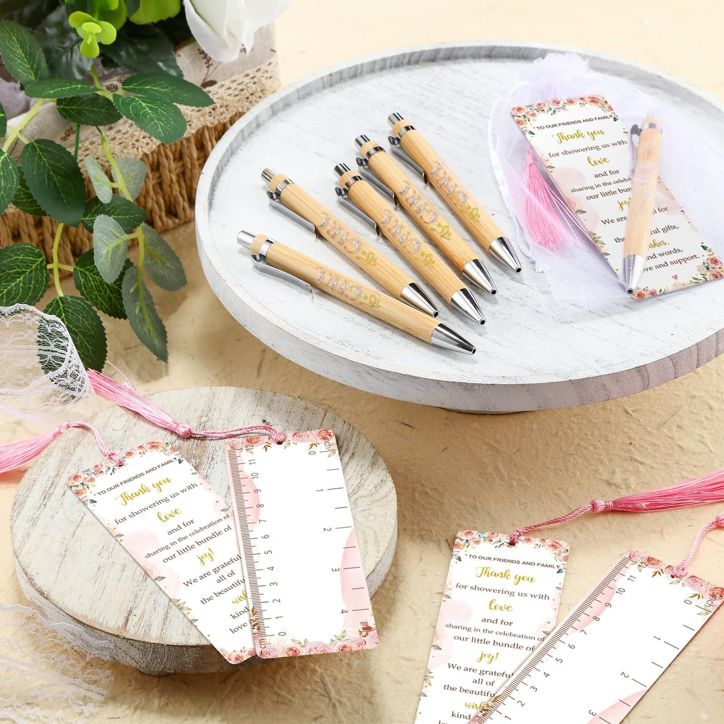 Gilprop 50 Sets Baby Shower Favor for Guest Ballpoint Pen Bookmarks Floral