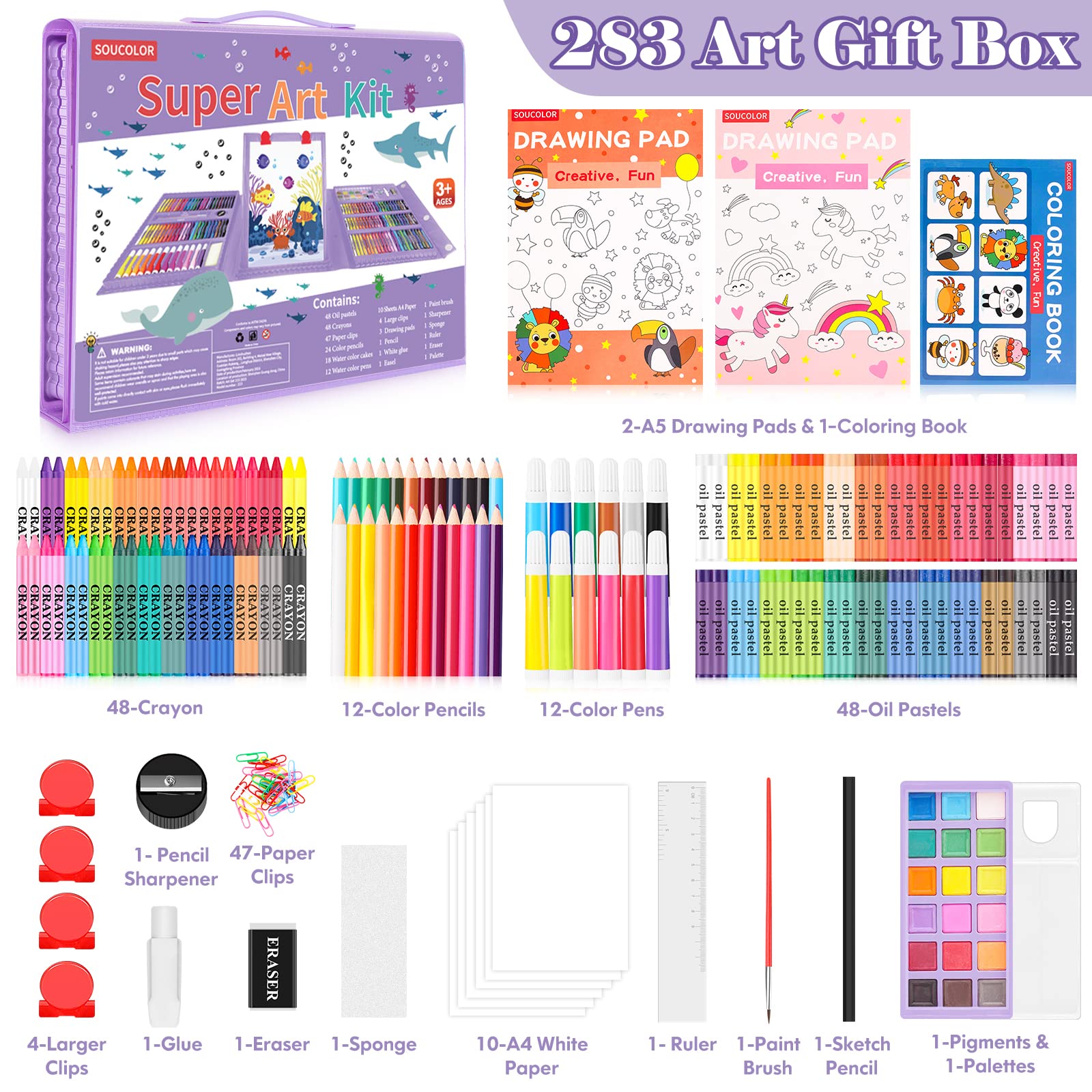 Soucolor 283 Pcs Art Supplies Drawing Set Easel Pads Coloring Book Gift