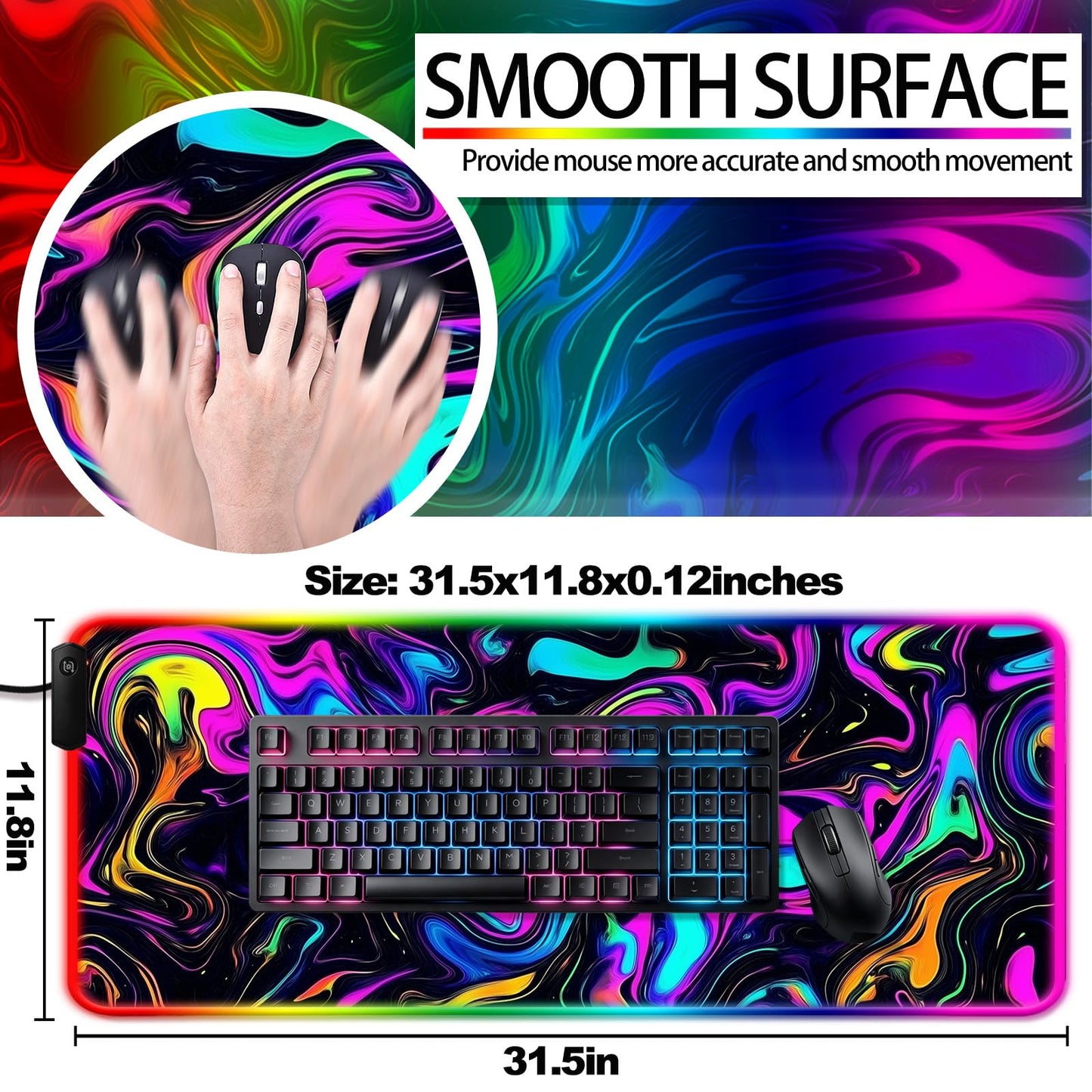 JIANG100 RGB Abstract Fluid Marble Swirl Gaming Desk Mat & Mouse Pad, XL