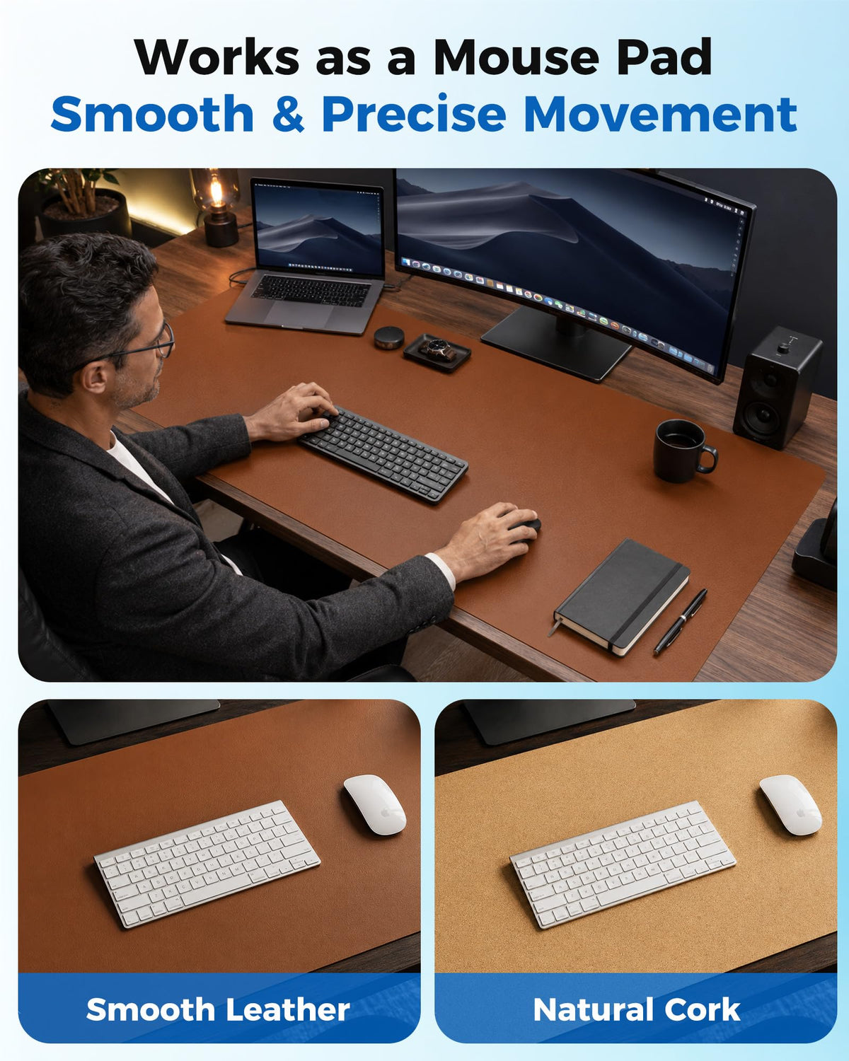 Aothia Double-Sided Desk Pad, 37.8"x17" Leather Desk Mat, Eco Cork Desk Pad Protector,Large Mouse
