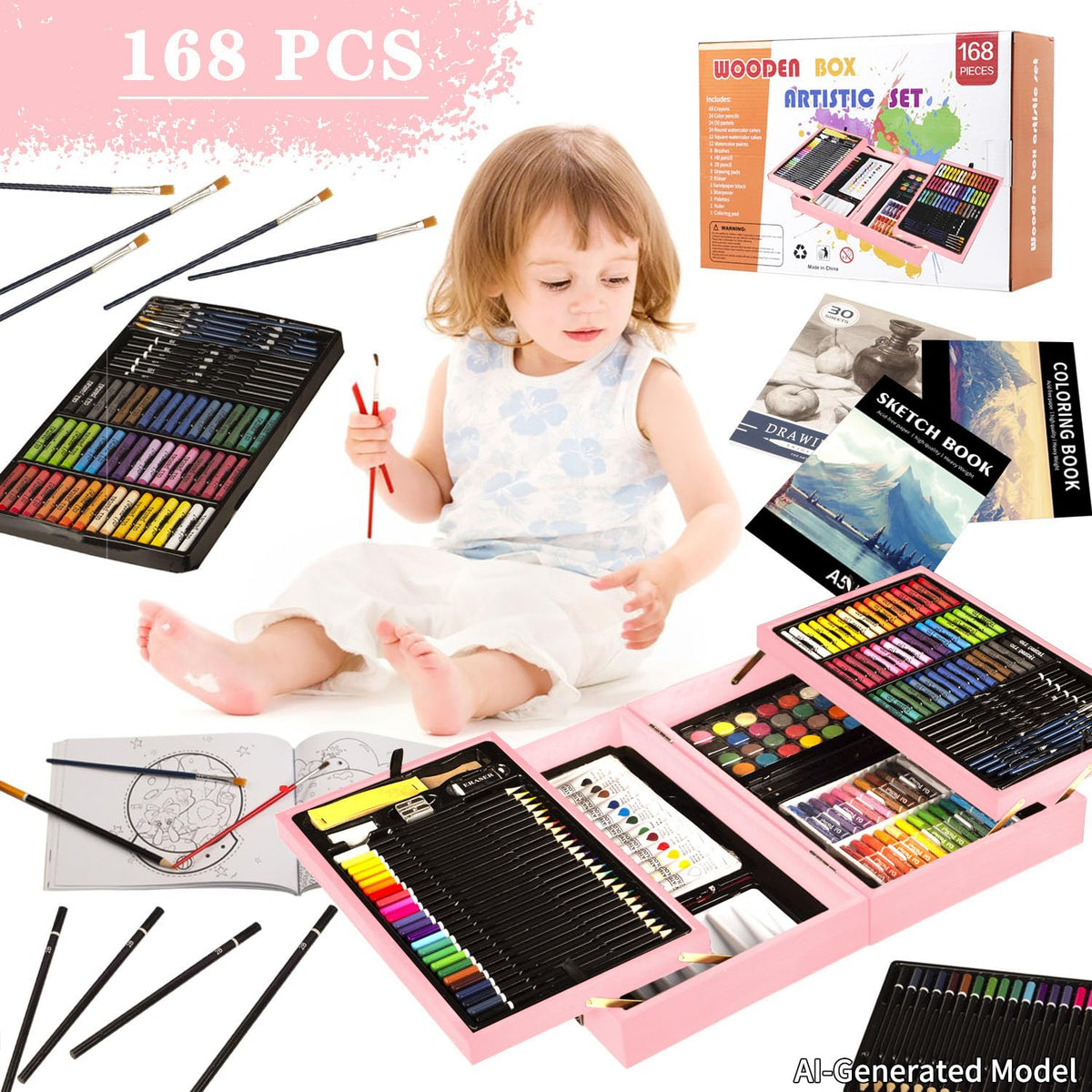 KINSPORY 168 Pack Wooden Art Set, Deluxe Painting Drawing Kit with 3 Coloring Books, Oil Pastels