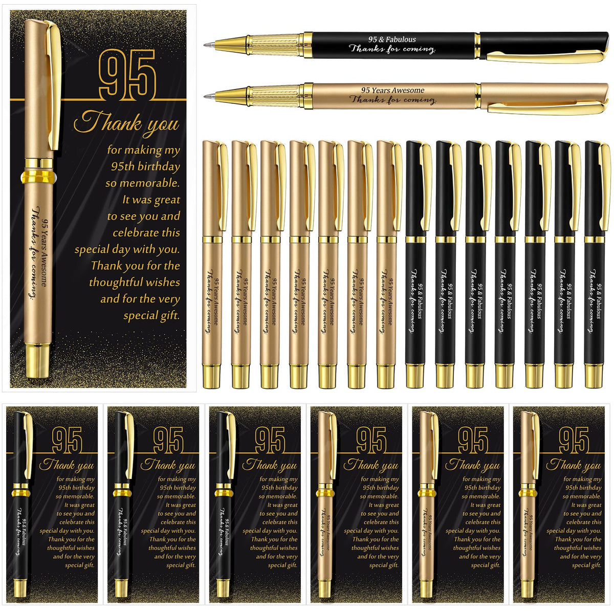 Feifeiya 50 Set 95th Birthday Favors with Black Gold Pens Cards