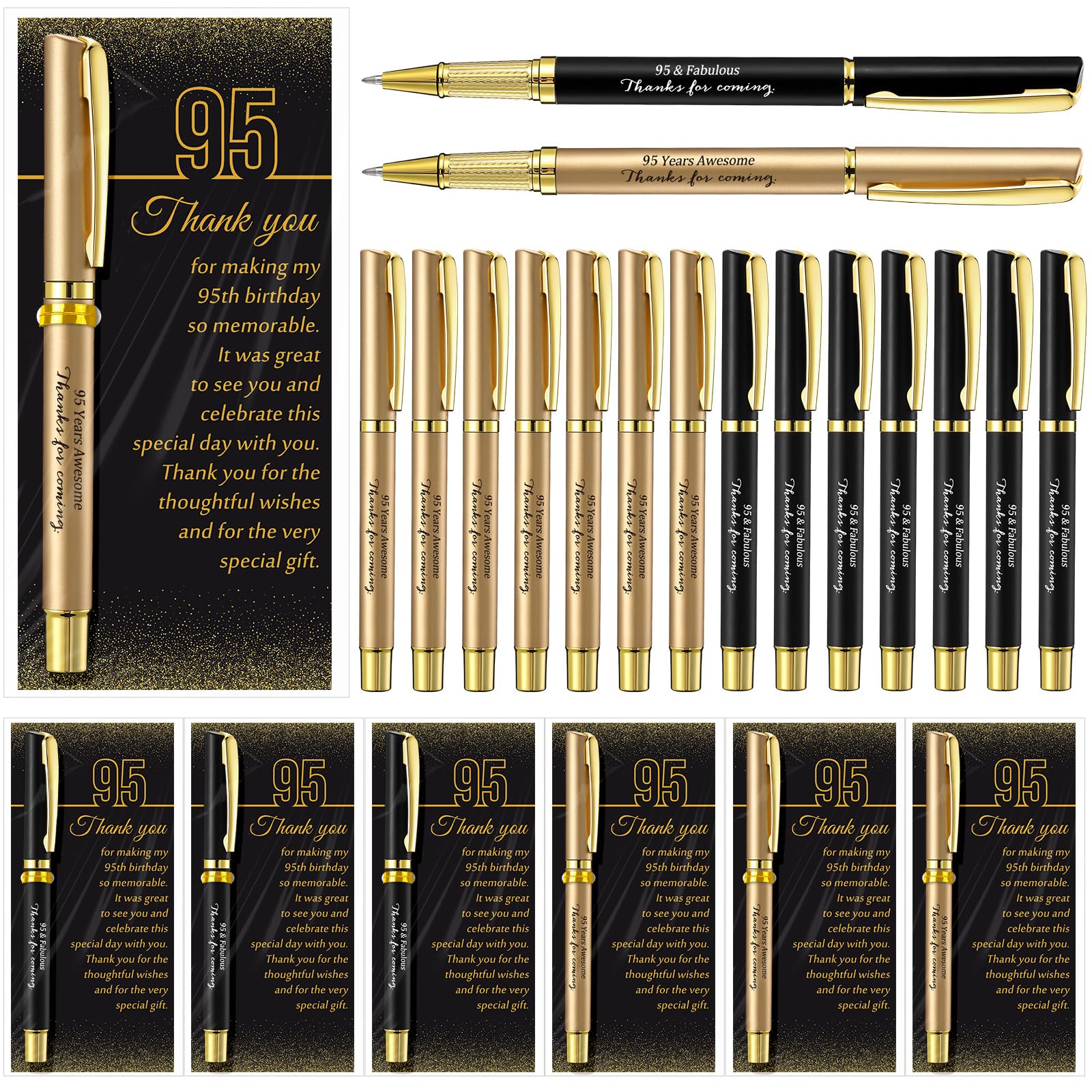 Feifeiya 50 Set 95th Birthday Favors with Black Gold Pens Cards
