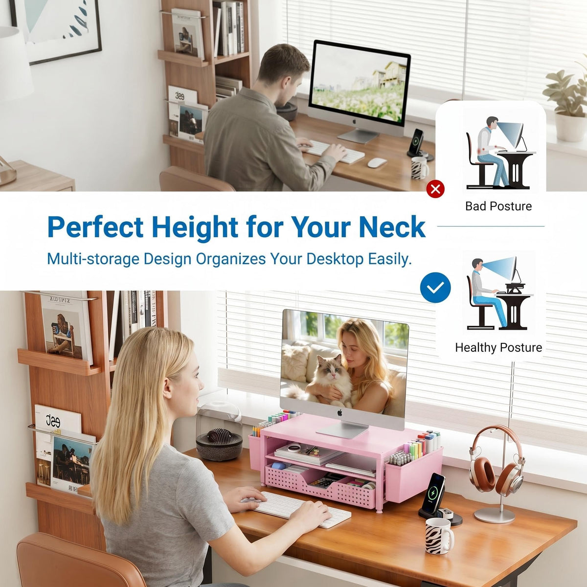 OPNICE Desk Organizers and Accessories, Computer Monitor Stand Riser with Drawer and 2 Pen Holders