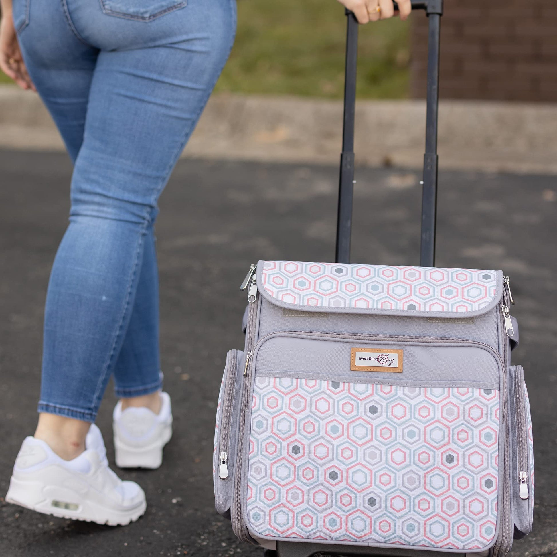 Everything Mary Rolling Scrapbook Tote, Grey Hexagon - Papercraft Tote with Wheels for Scrapbook &
