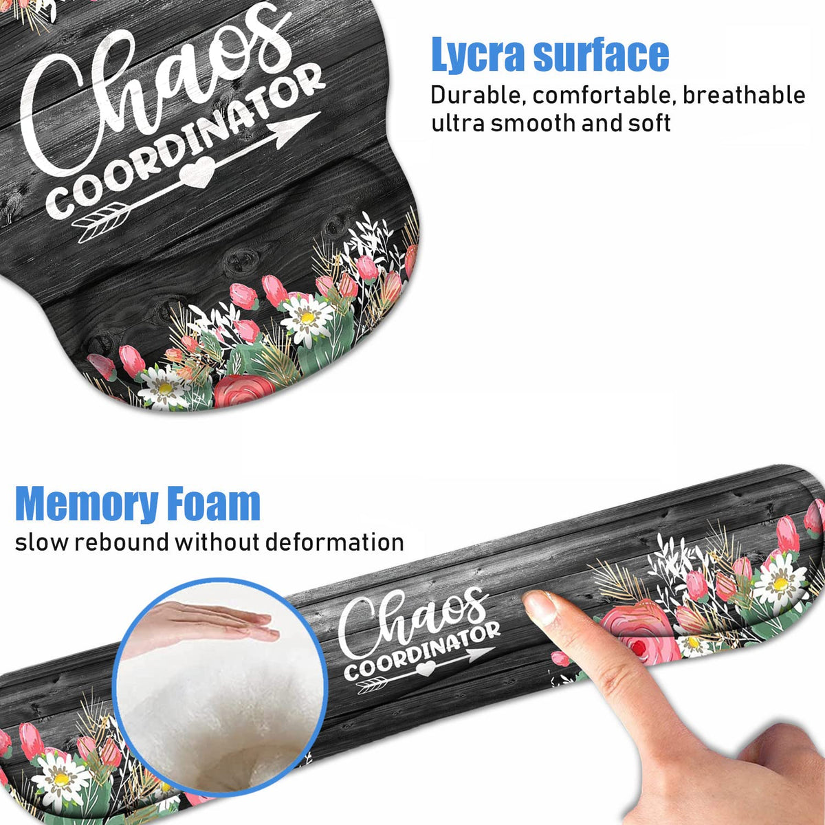 Keyboard Wrist Rest + Mouse Pad Wrist Support Set with Coasters, Chaos Coordinator Quotes Colored