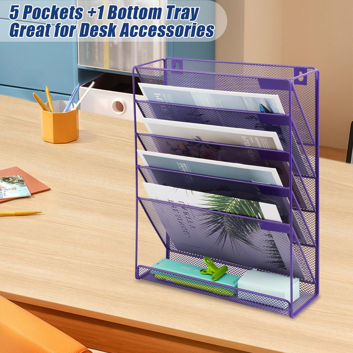 EASEPRES Desk File Organizer Mesh 6-Tier, Hanging Wall Mount Document Organization Stand, Desktop