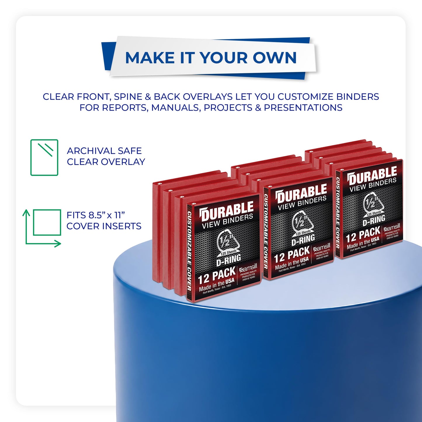 Samsill Durable 0.5 inch 3 Ring Binder, D Ring Binder,100% Recycled Chipboard, Red, 12 Pack