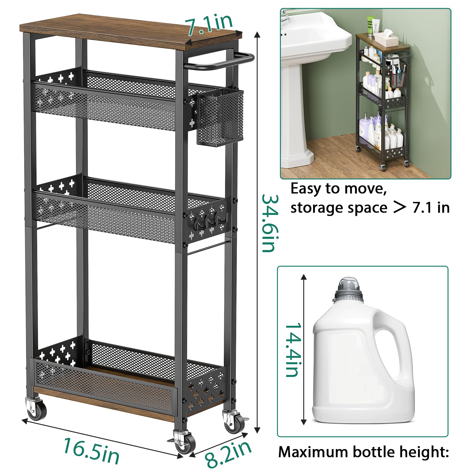 XYZLVSI 4 Tier Slim Storage Cart Laundry Room Organizer for Small Space