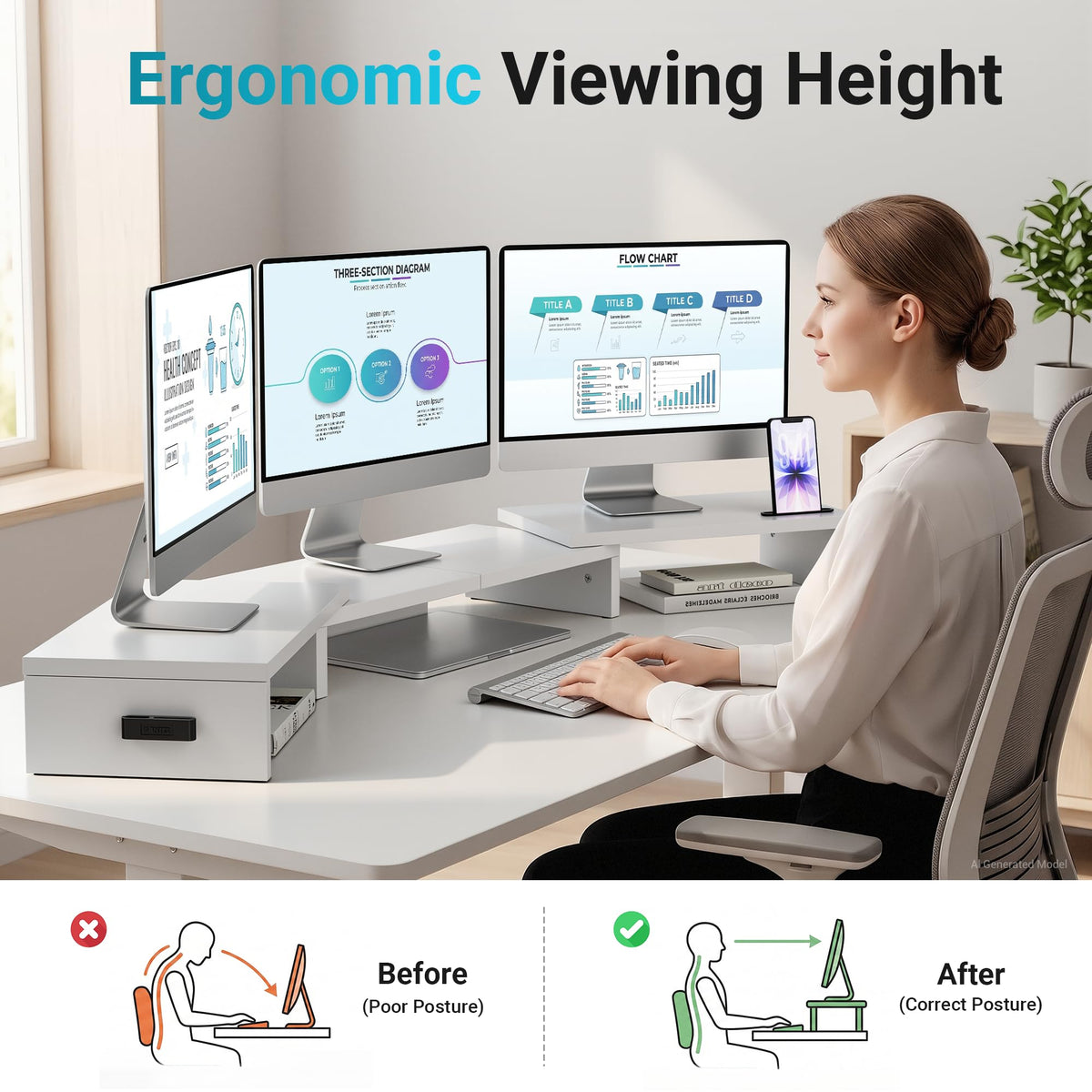 BONTEC Triple Monitor Stand Riser with Smartphone Holder, White