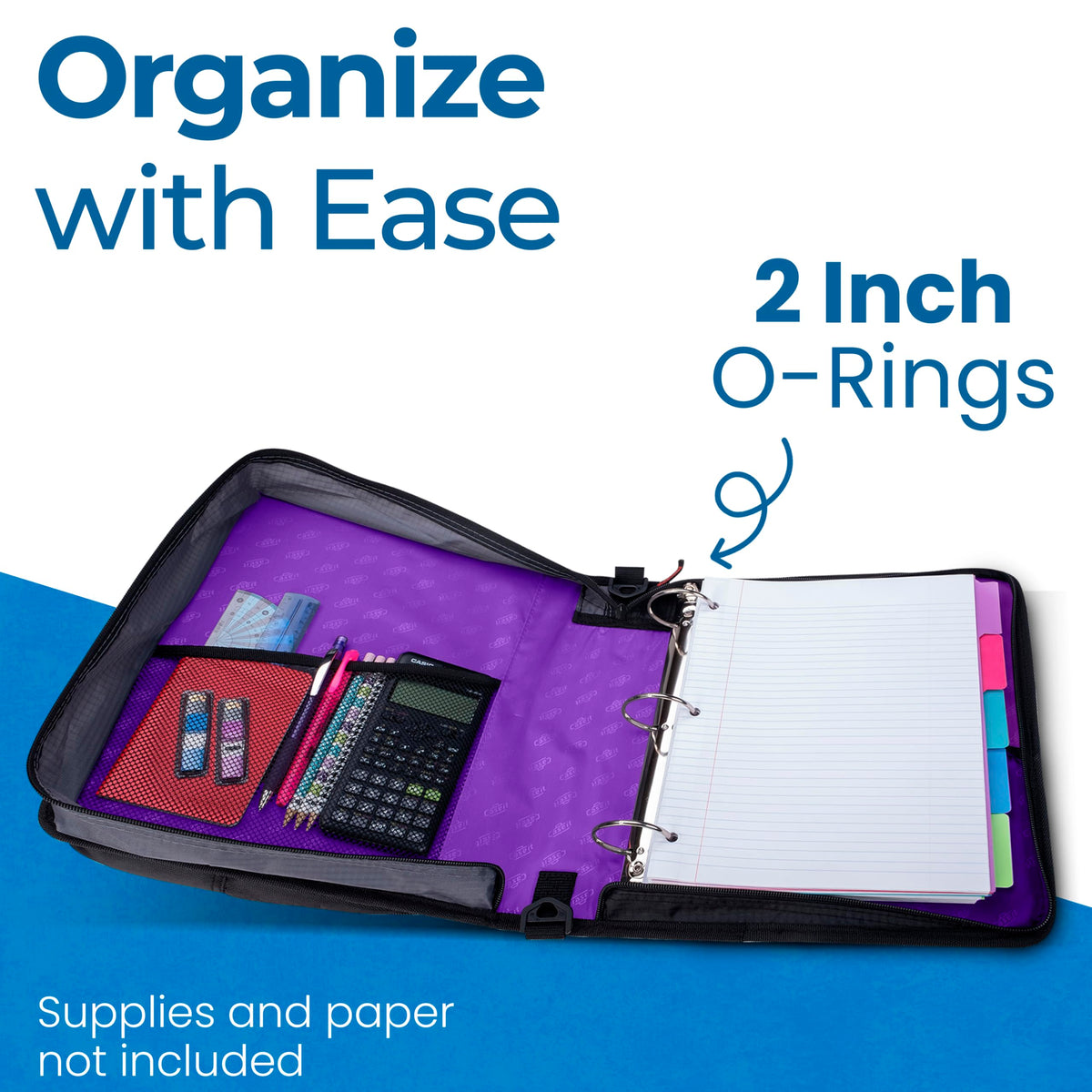 Case-it School Zipper Binder | 2" O-Rings | 400-Sheet | LT-007 Deep Purple
