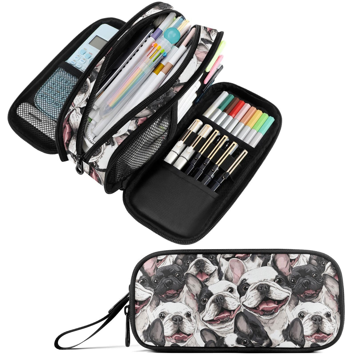 Fustylead Smiling Funny Boston Terrier Dog Pencil Pen Case with 3 Compartments, Lightweight &