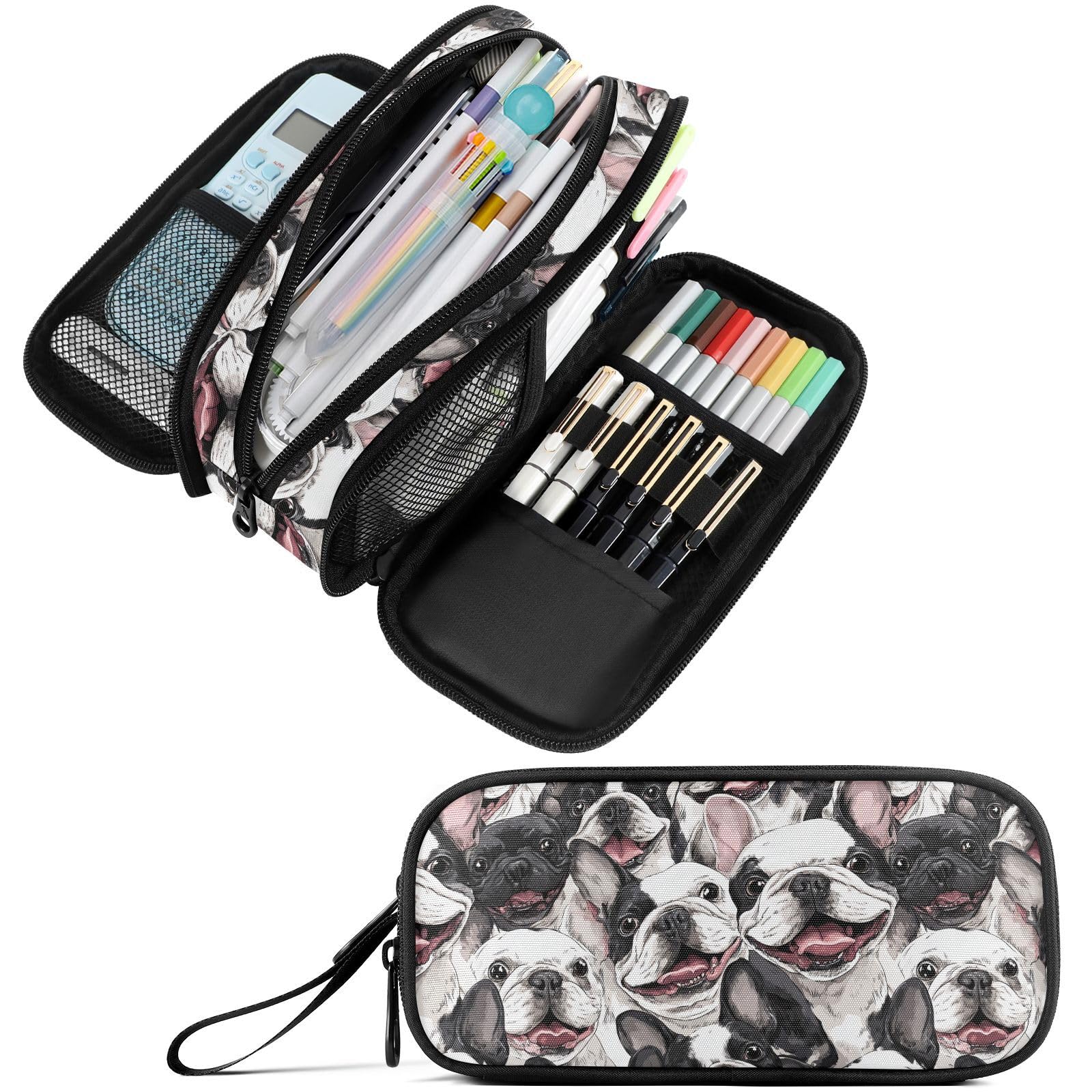 Fustylead Smiling Funny Boston Terrier Dog Pencil Pen Case with 3 Compartments, Lightweight &