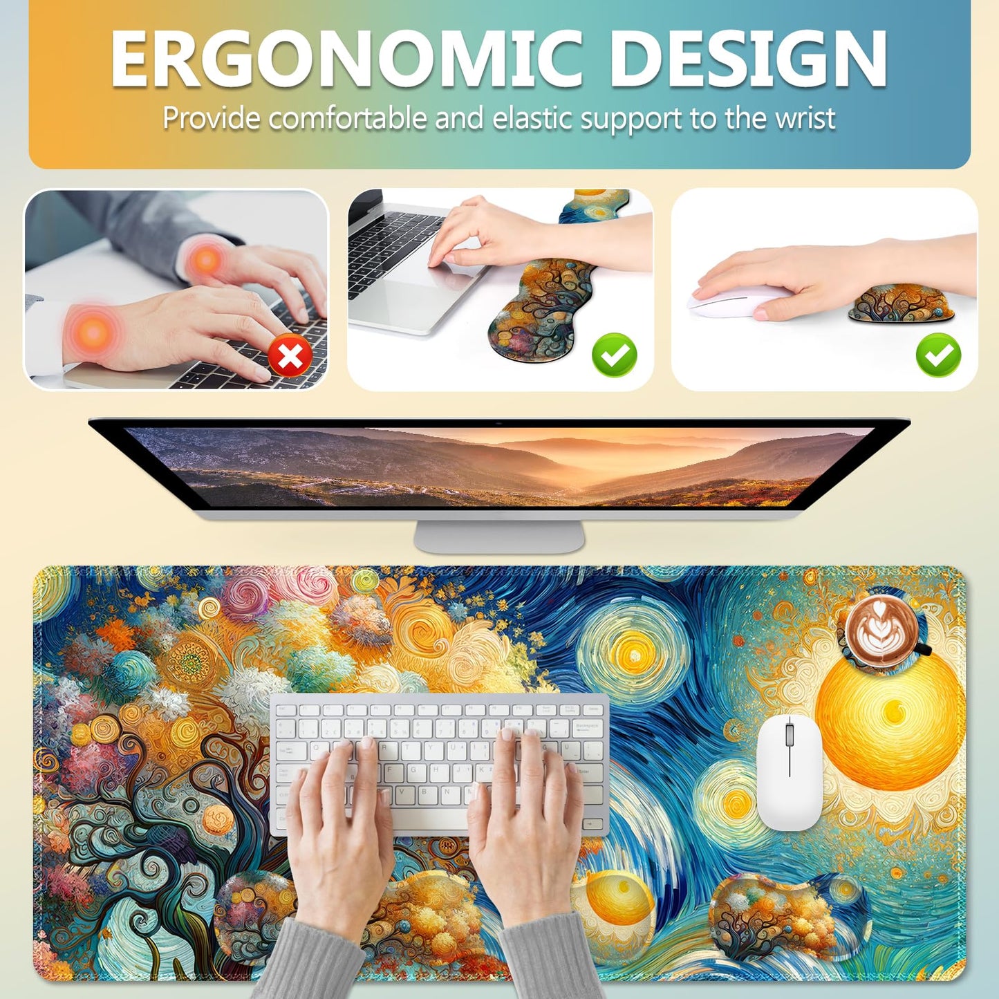 AIMSA Keyboard Mouse Pad Set, Large Gaming Mouse Pad + Wrist Rest + Mouse Pad with Wrist Support +