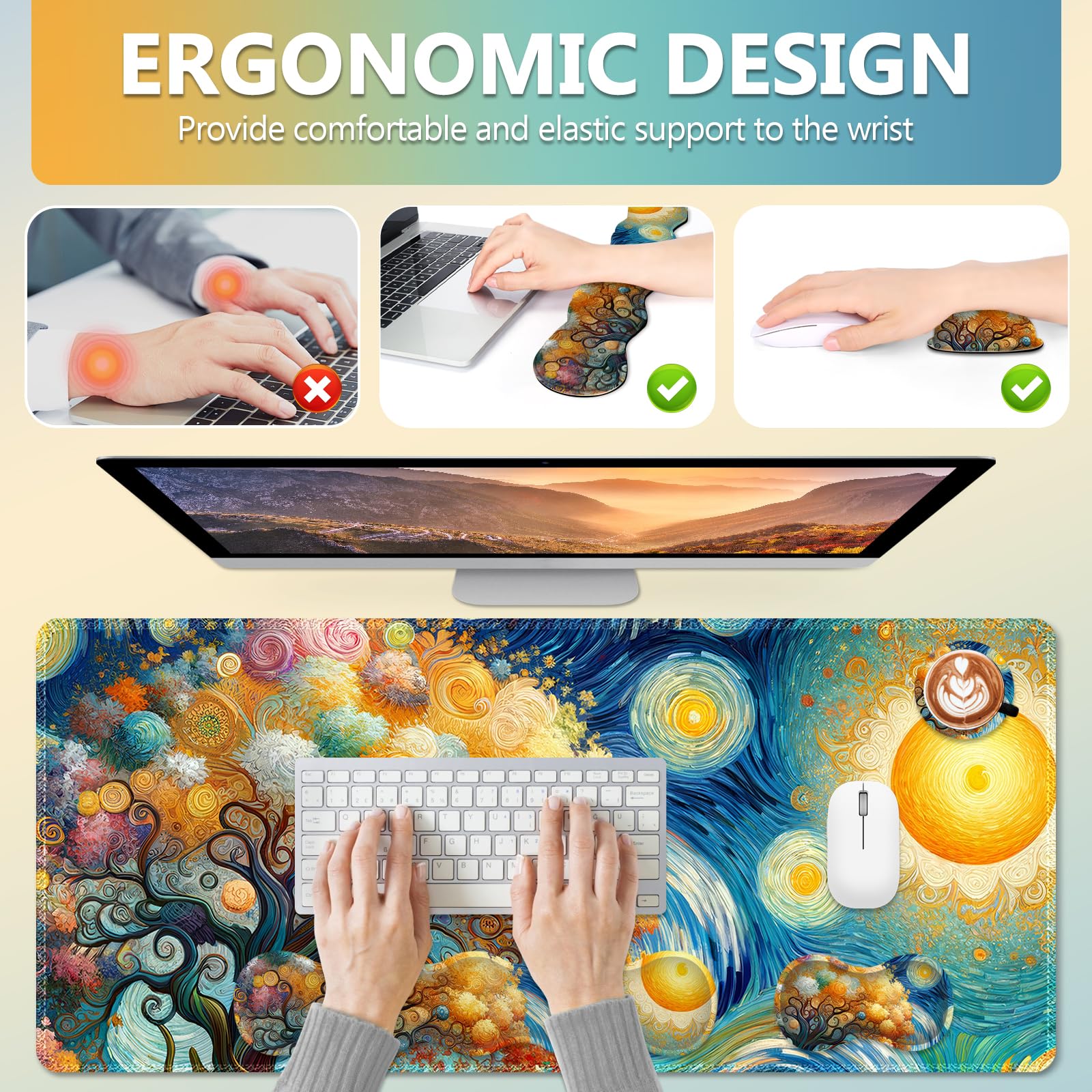 AIMSA Keyboard Mouse Pad Set, Large Gaming Mouse Pad + Wrist Rest + Mouse Pad with Wrist Support +