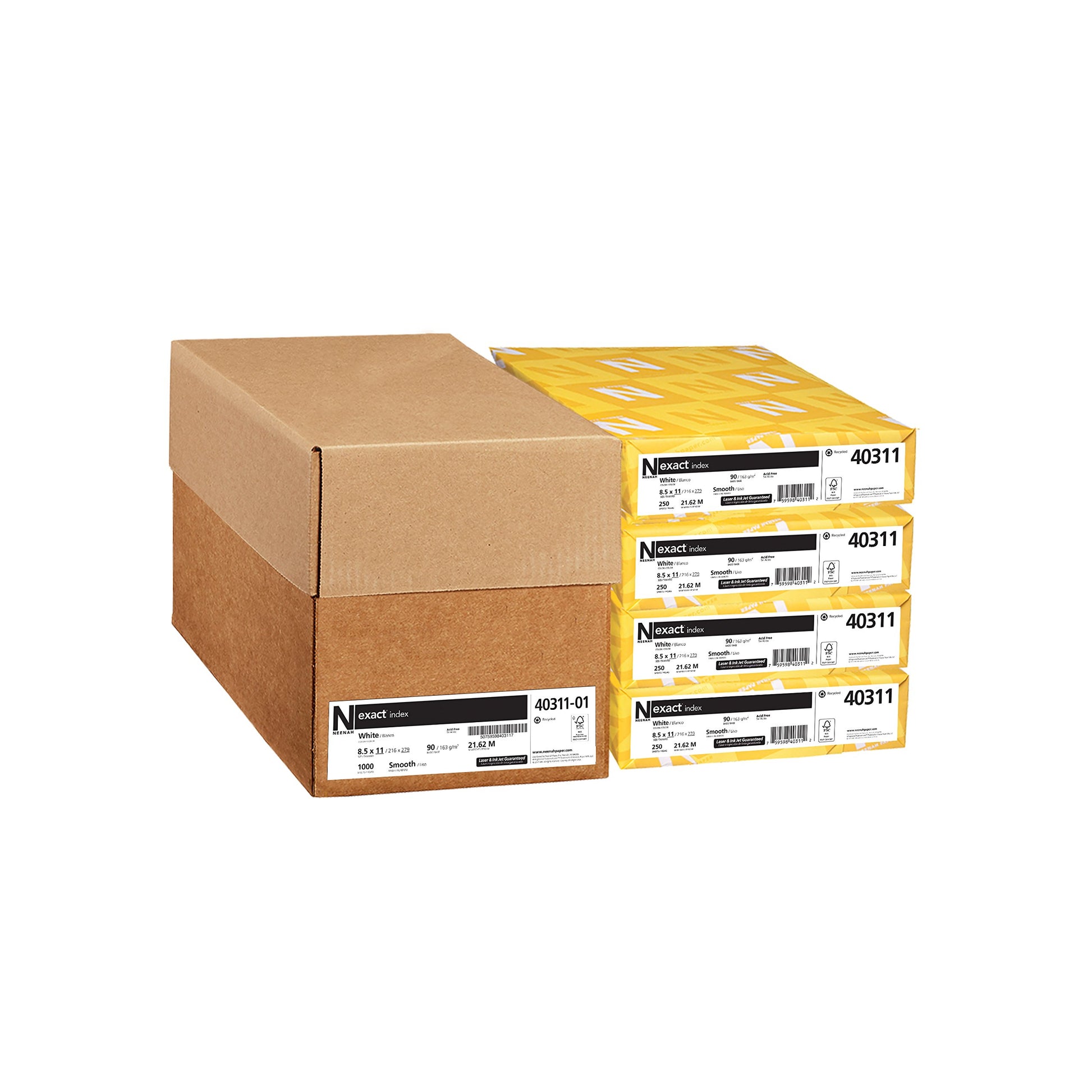 Exact Index Cardstock, 94 Brightness, 90 lb /163 gsm, 1000 Sheets/Carton, 8.5" x 11", White