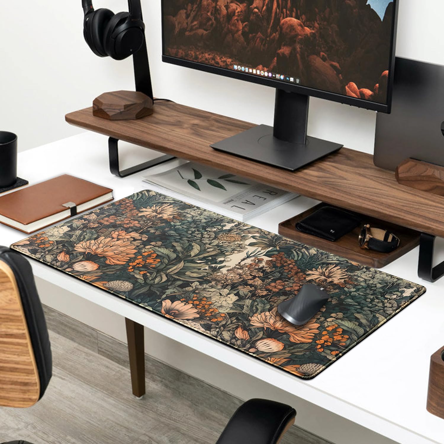 Flower Vintage Desk Pad Aesthetic Desk Mat Flower Mouse Pad Computer Big Mousepad Non-Slip Base