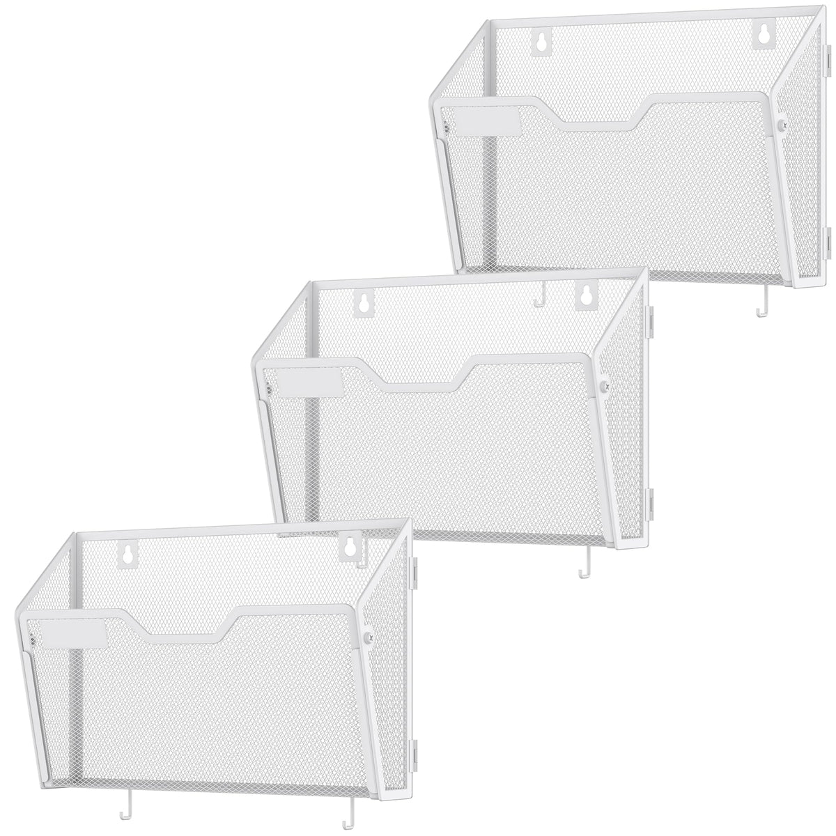 Docnest 3 Pack Mesh Wall File Holders with Hooks for Mail, White