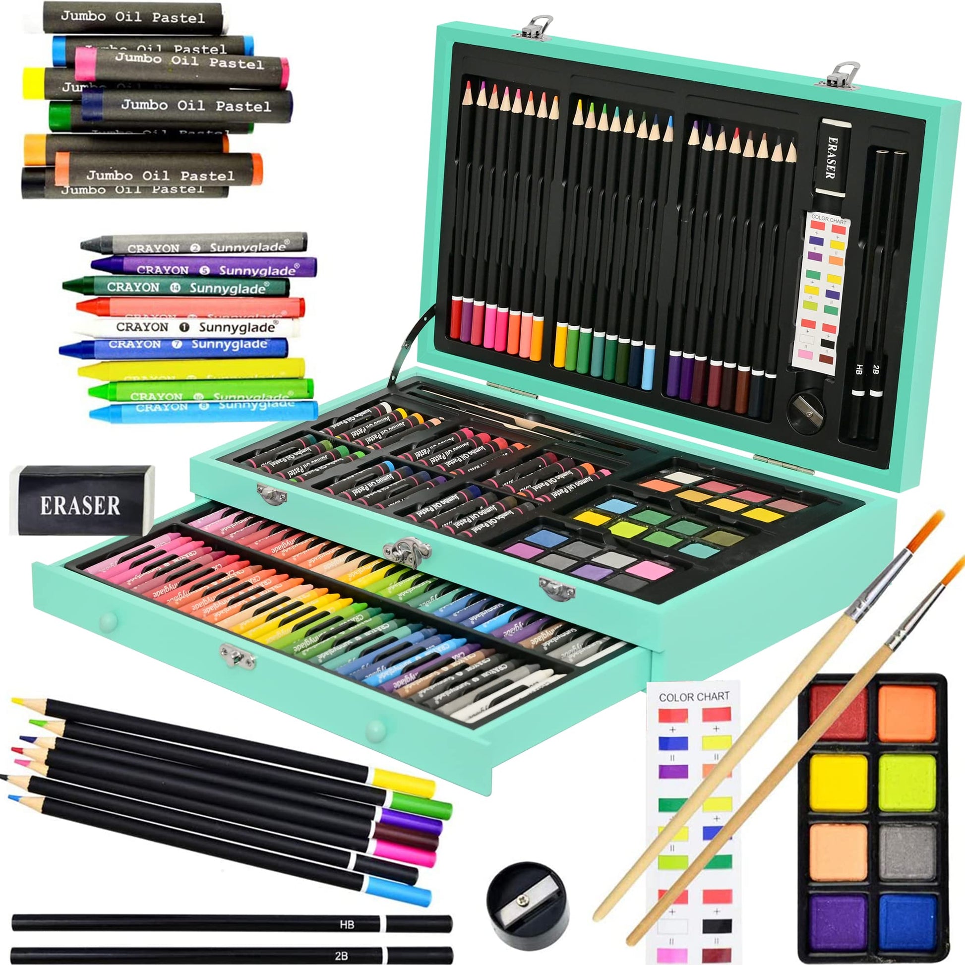 Sunnyglade 145 Piece Deluxe Art Set Wooden Art Box & Drawing Kit Green