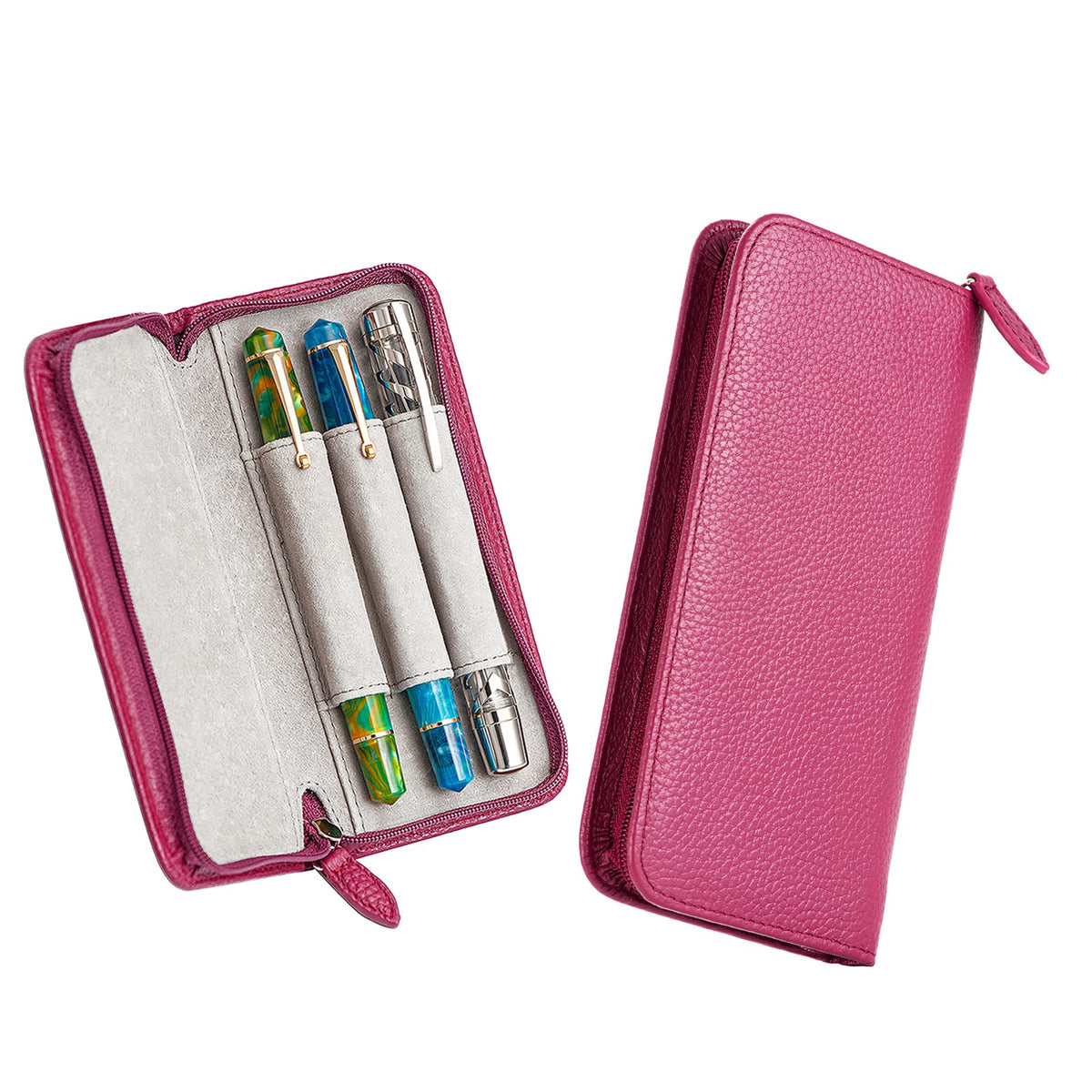 Lanxivi Genuine Leather Fountain Pen Case 3 Divided Slots Wine Red Color, Zippered Pen Case Pouch