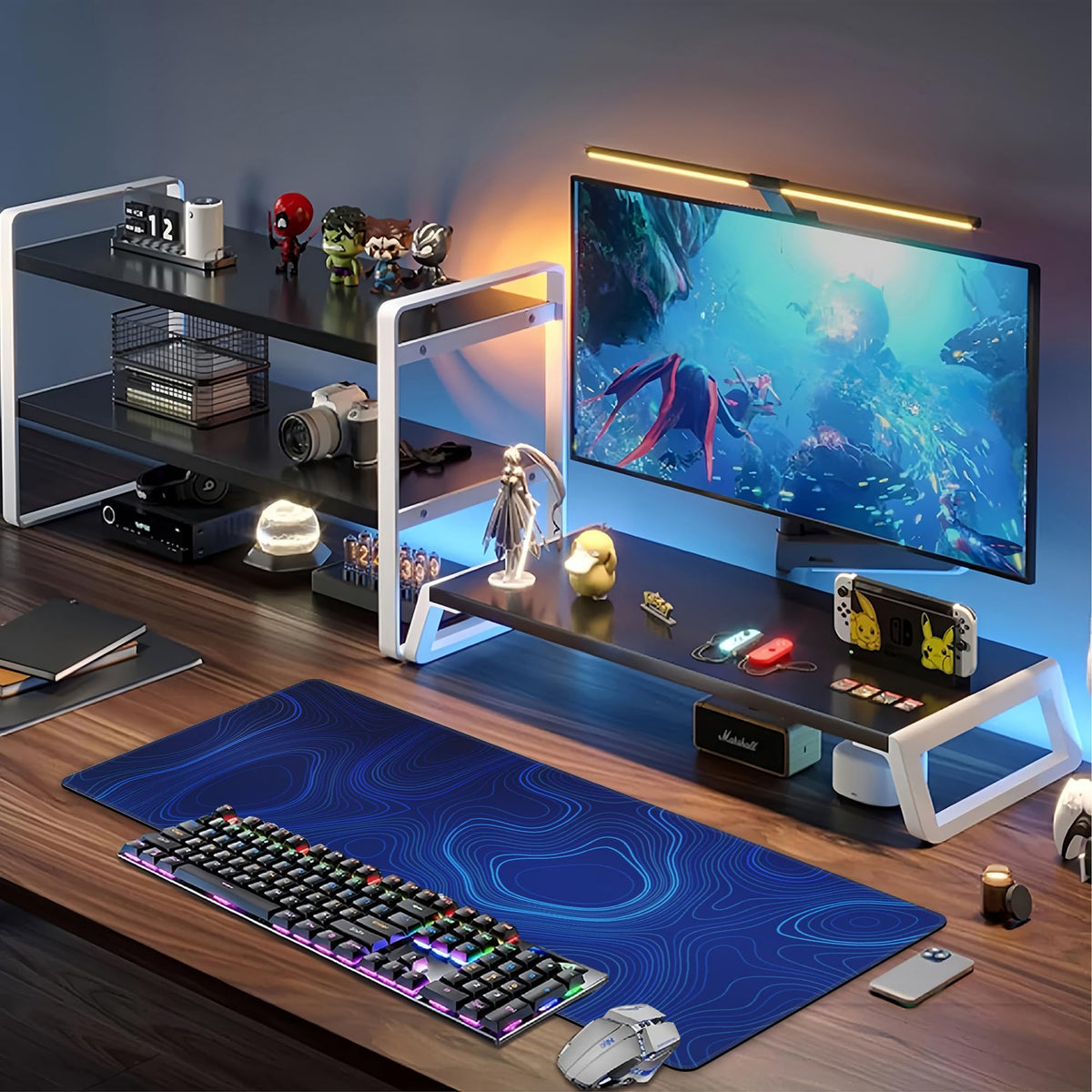 Abstract Topography Design Desk Mat,Large Dark Blue Topographic Line Art Gaming Keyboard Mouse