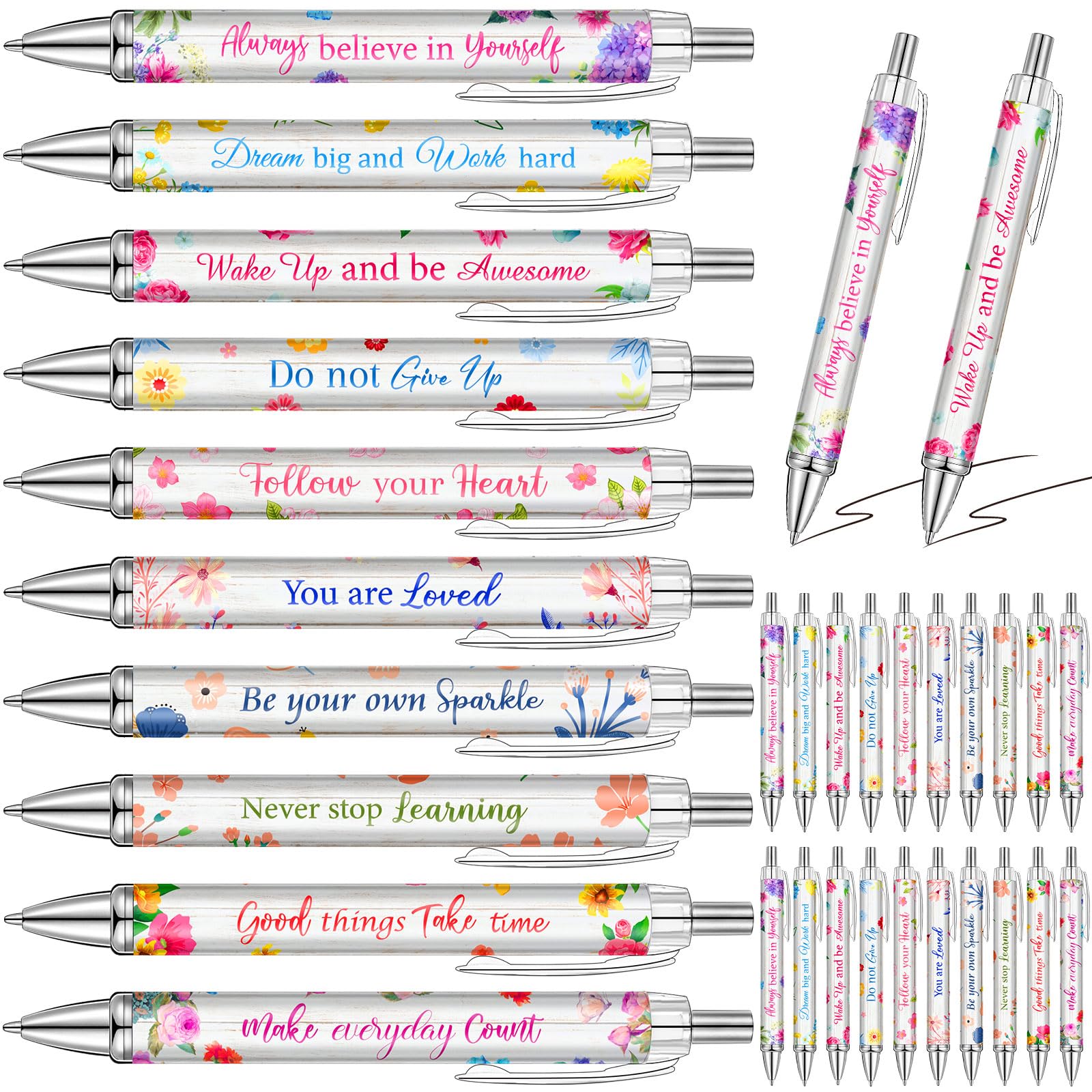 Yeaqee 50 Pcs Motivational Pens Bulk Inspirational Quotes,Floral Style