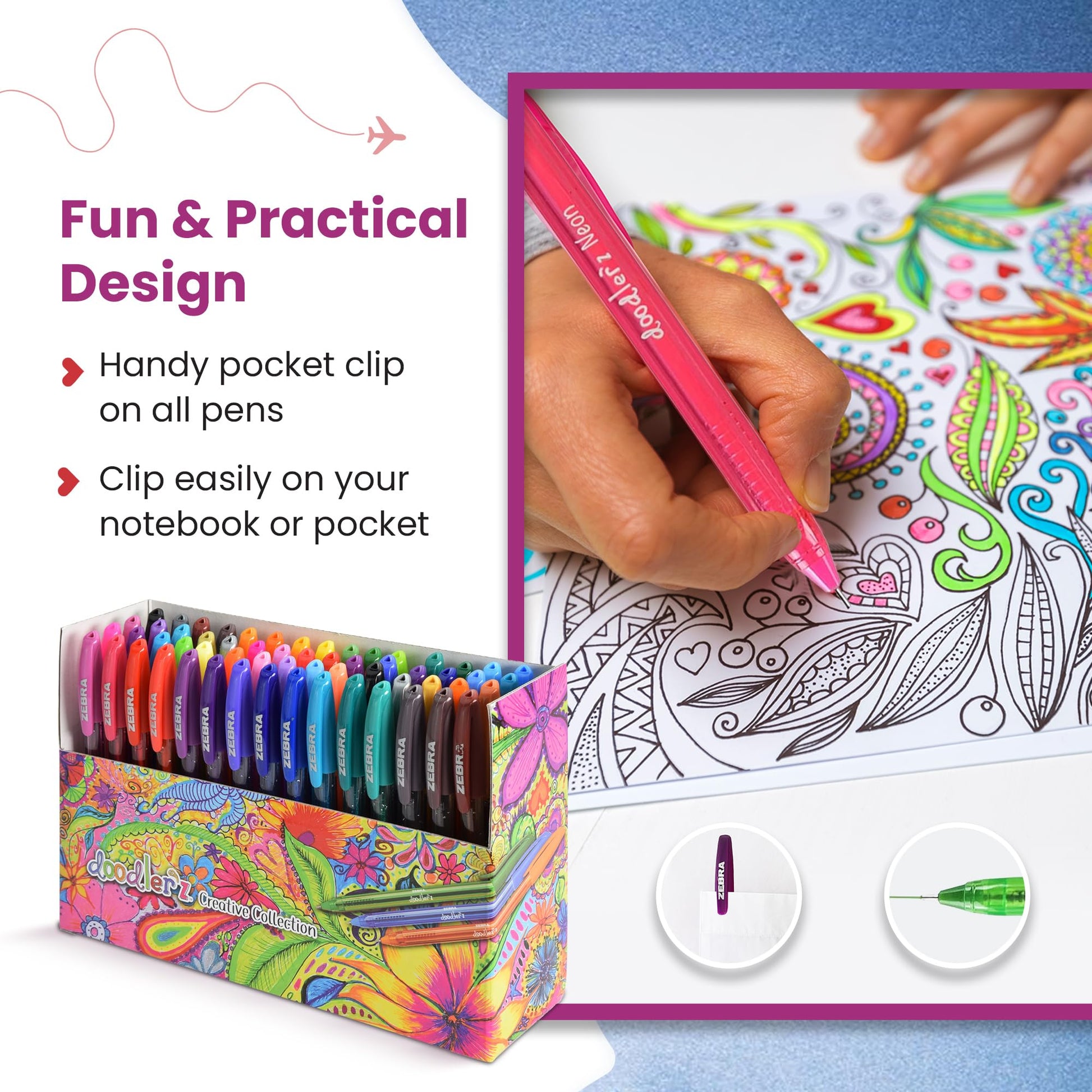 ZEBRA Doodler'z Gel Stick Pens, 1.0 mm, Fashion. Glitter, Neon and Pastel Colours. Box of 60 pens