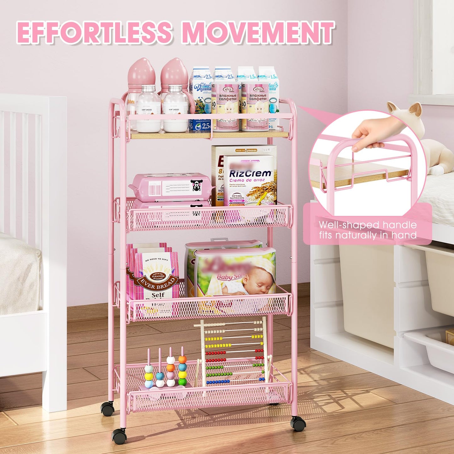 TOOLF 4-Tier Rolling Cart, Metal Utility Cart, Slide Out Storage Cart with Wooden Tabletop and Mesh
