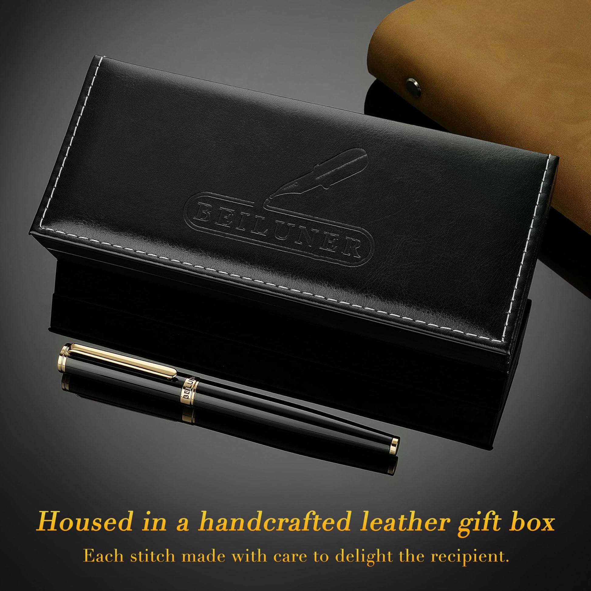 BEILUNER Black Fountain Pen,Stunning Luxury Pens with 24K Gold Accents, Gorgeous 24K Gilded