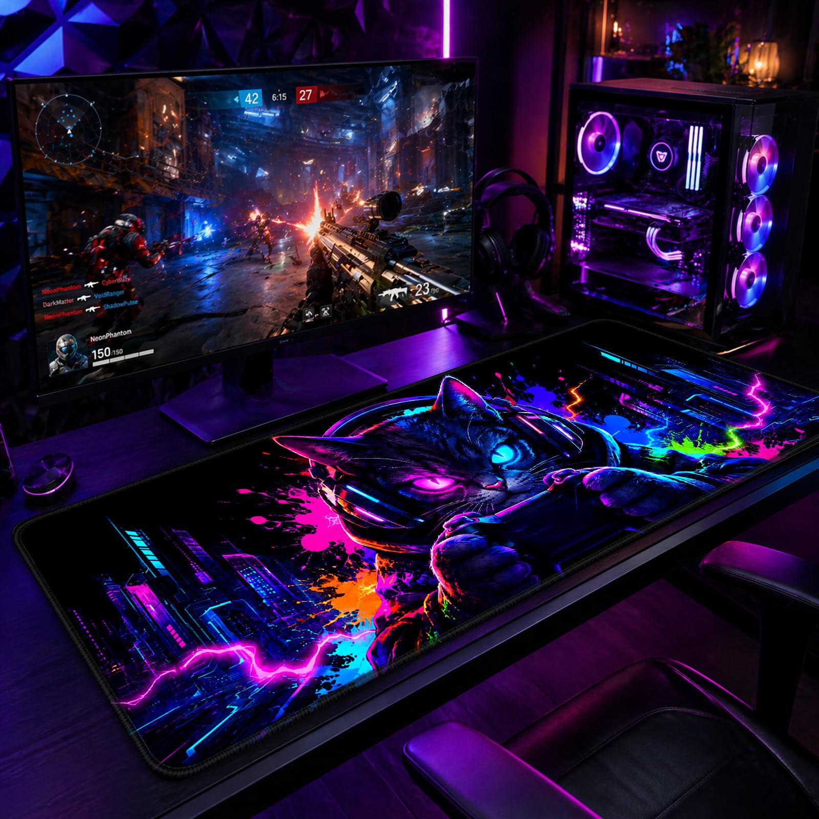 Simpkeely Blacklight Cat Large Gaming Mouse Pad for Desk, Keyboard Mat