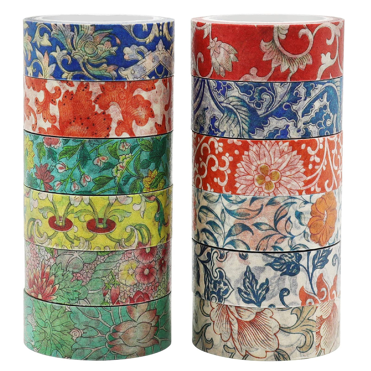 Berkin Arts 12 Rolls Art Floral Designs Washi Tape Set - 15 mm Wide Decorative Adhesive Masking