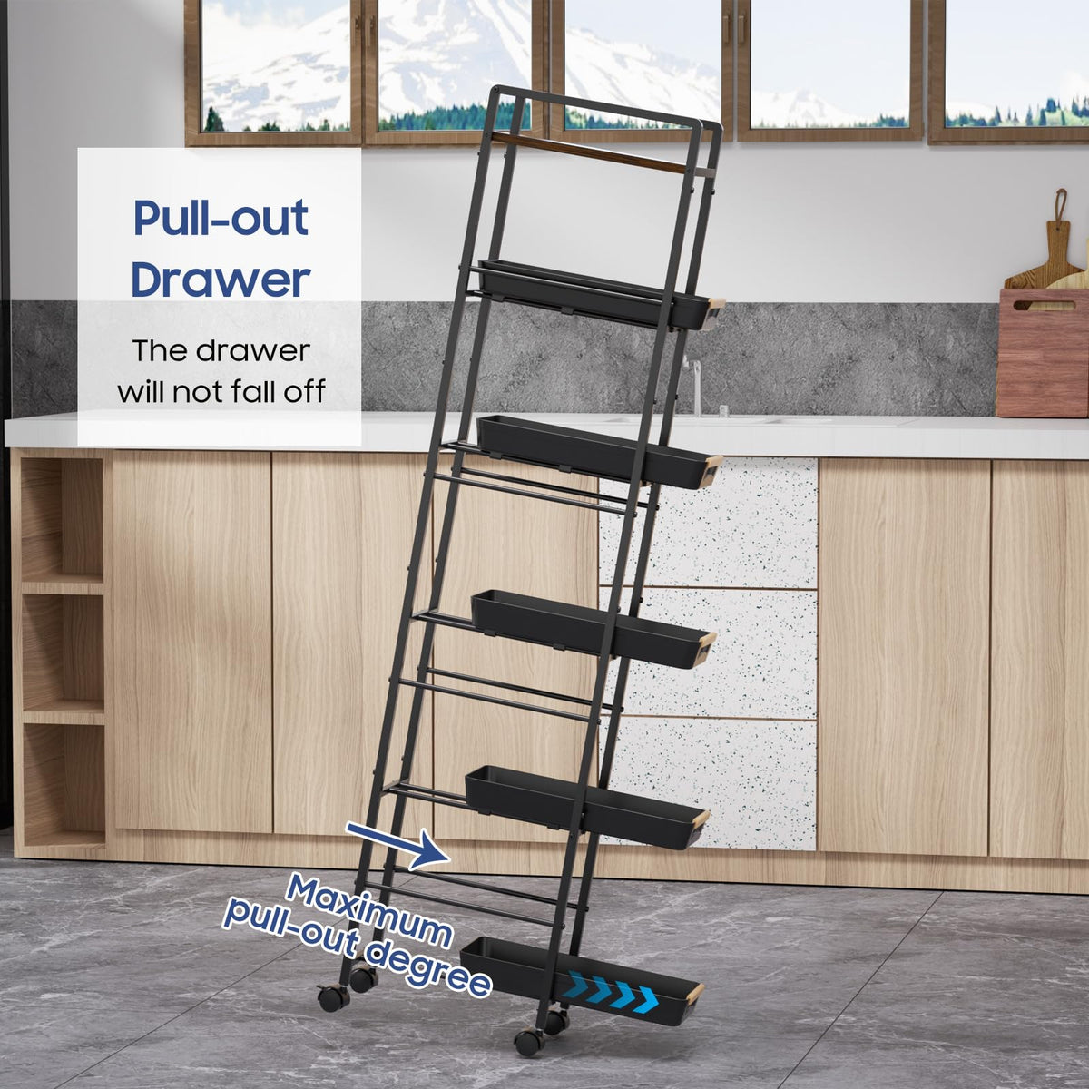 MAYBOSS 6 Tier Slim Storage Cart with Pull-Out Baskets Rolling Cart with Wheels Wood Top Narrow