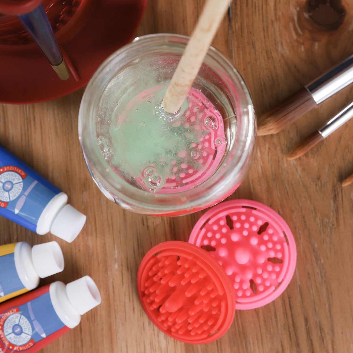 Paint Puck Paint Brush Cleaner (3-Pack, Red) – Reusable Silicone Insert with Suction & Nubs for