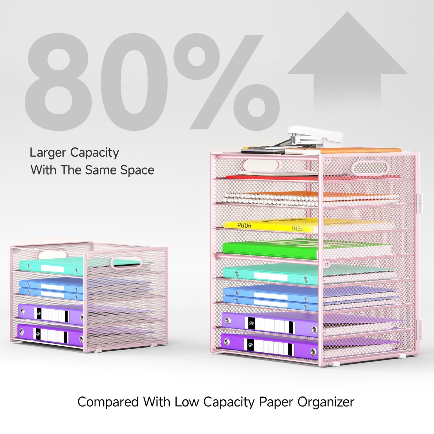 Cawukege 9 Tier Paper Organizer with Handle, Pink Large Capacity Desk Organizer Mesh File Folder