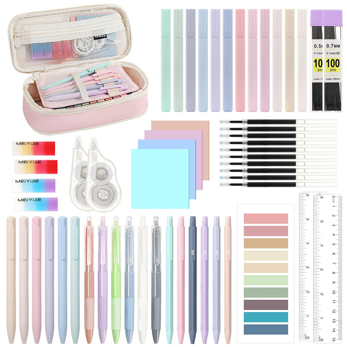 MoKo Pencil Case with Supplies, 56Pcs Aesthetic School Set, Pink