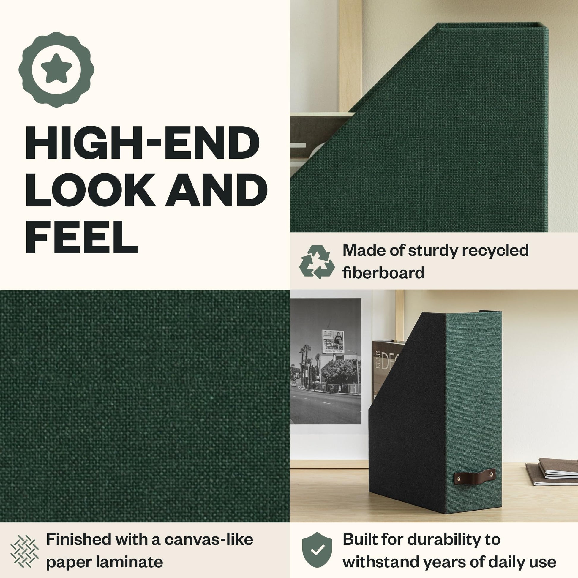 Bigso Estelle Fibreboard Magazine Holder with Leather Handle - Magazine File Holder and Organizer