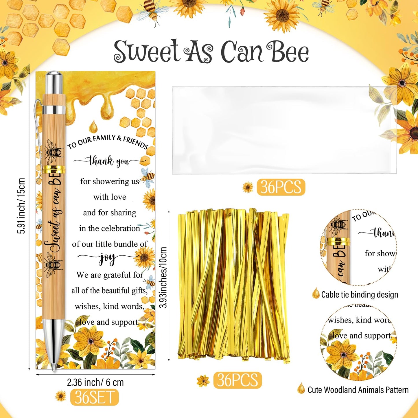 Spakon 36 Sets Bee Baby Shower Favors Bamboo Pens with Thank You Bookmarks