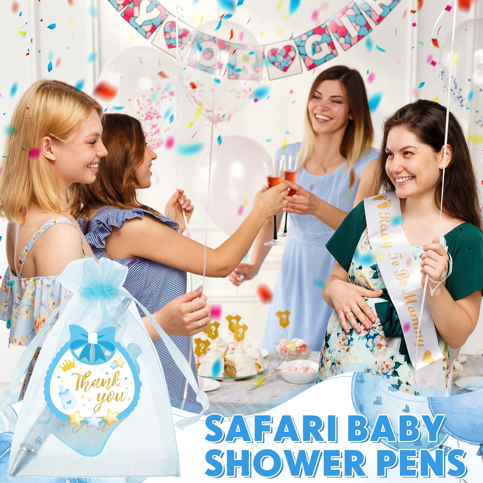Chuangdi 50 Sets Boy Blue Shower Favors for Guests – 50 Ballpoint Pens with Organza Gift Bags &