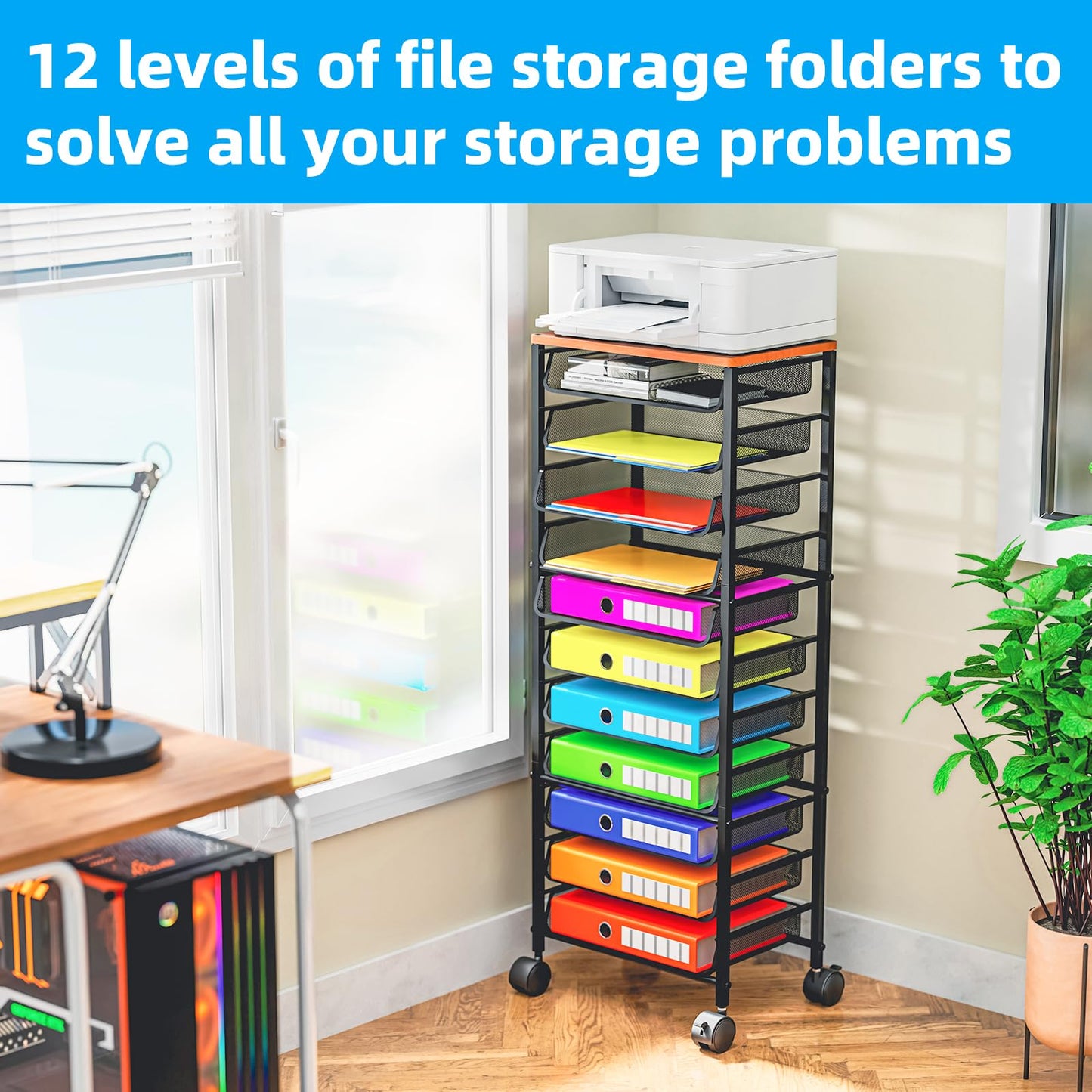 Simple Trending 12-Tier Rolling File Cart, Desk File Organizer with 11 Mesh Sliding Trays, Letter &