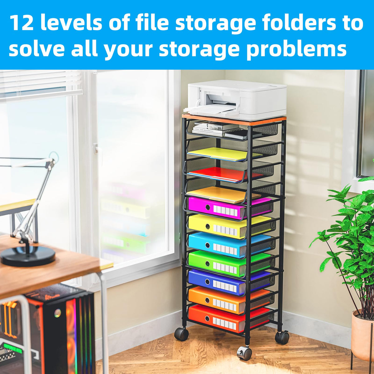 Simple Trending 12-Tier Rolling File Cart, Desk File Organizer with 11 Mesh Sliding Trays, Letter &