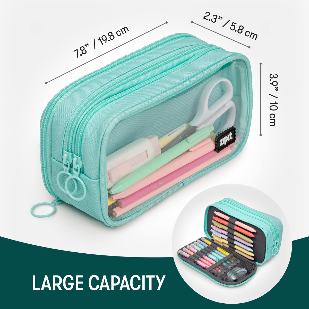 ZIPIT Half & Half Pencil Case, 3-Compartment Zipper Pouch for Girls, Mint