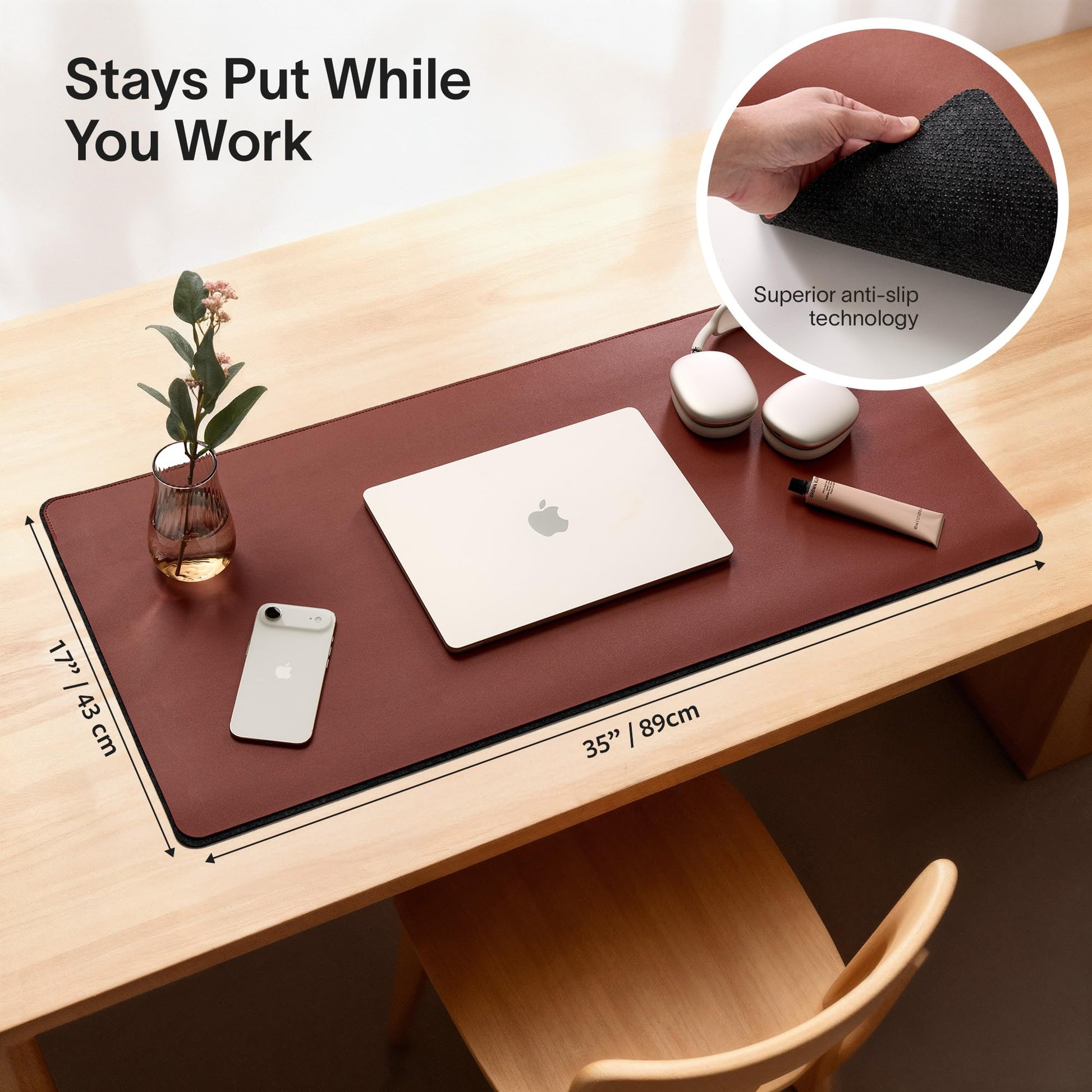 Nordik Felt and Leather Desk Mat - Dual Layer Emberwood Brown 35 x 17 in
