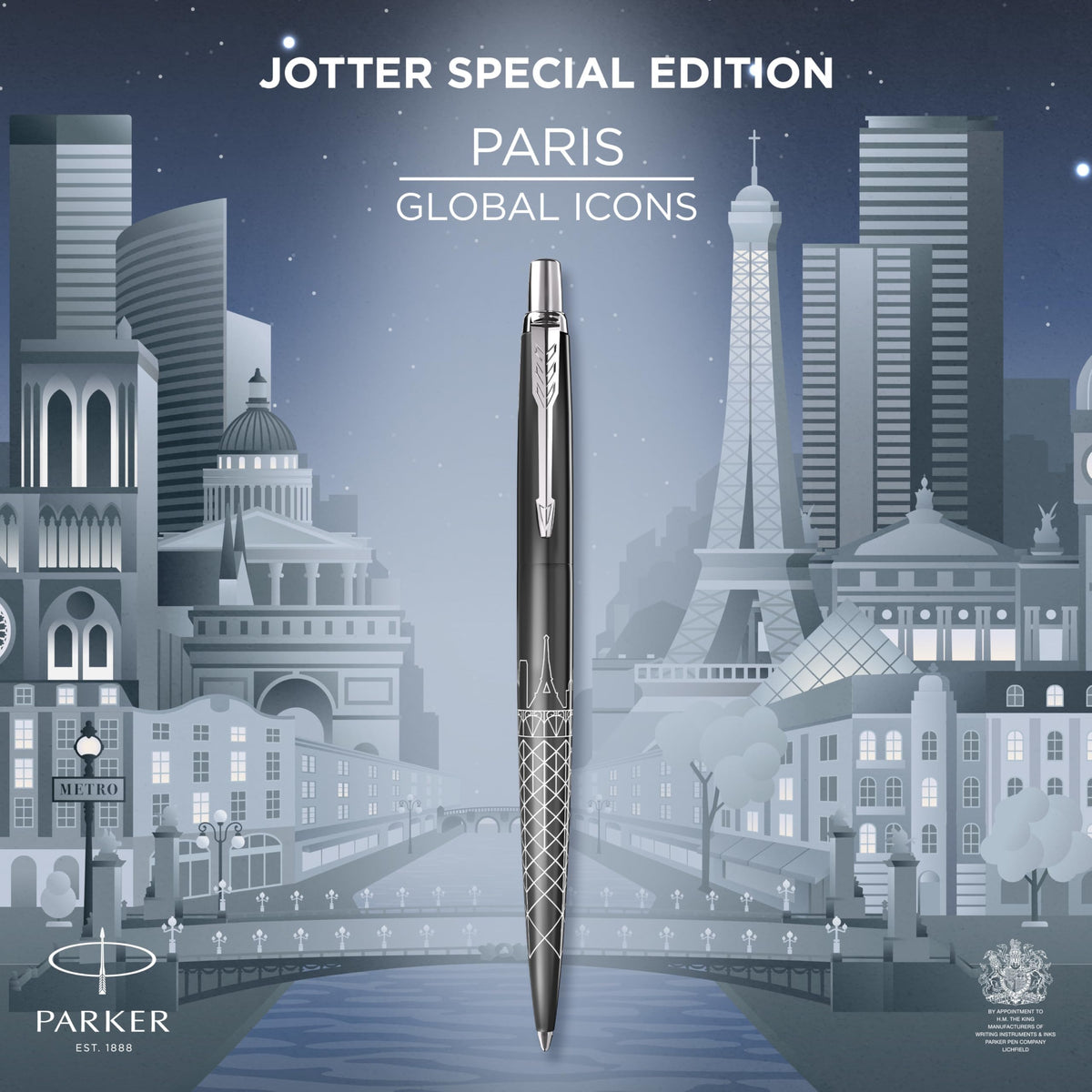 Parker Jotter Ballpoint Pen | Special Edition | Paris Grey with Chrome Trim | Medium Point | Blue