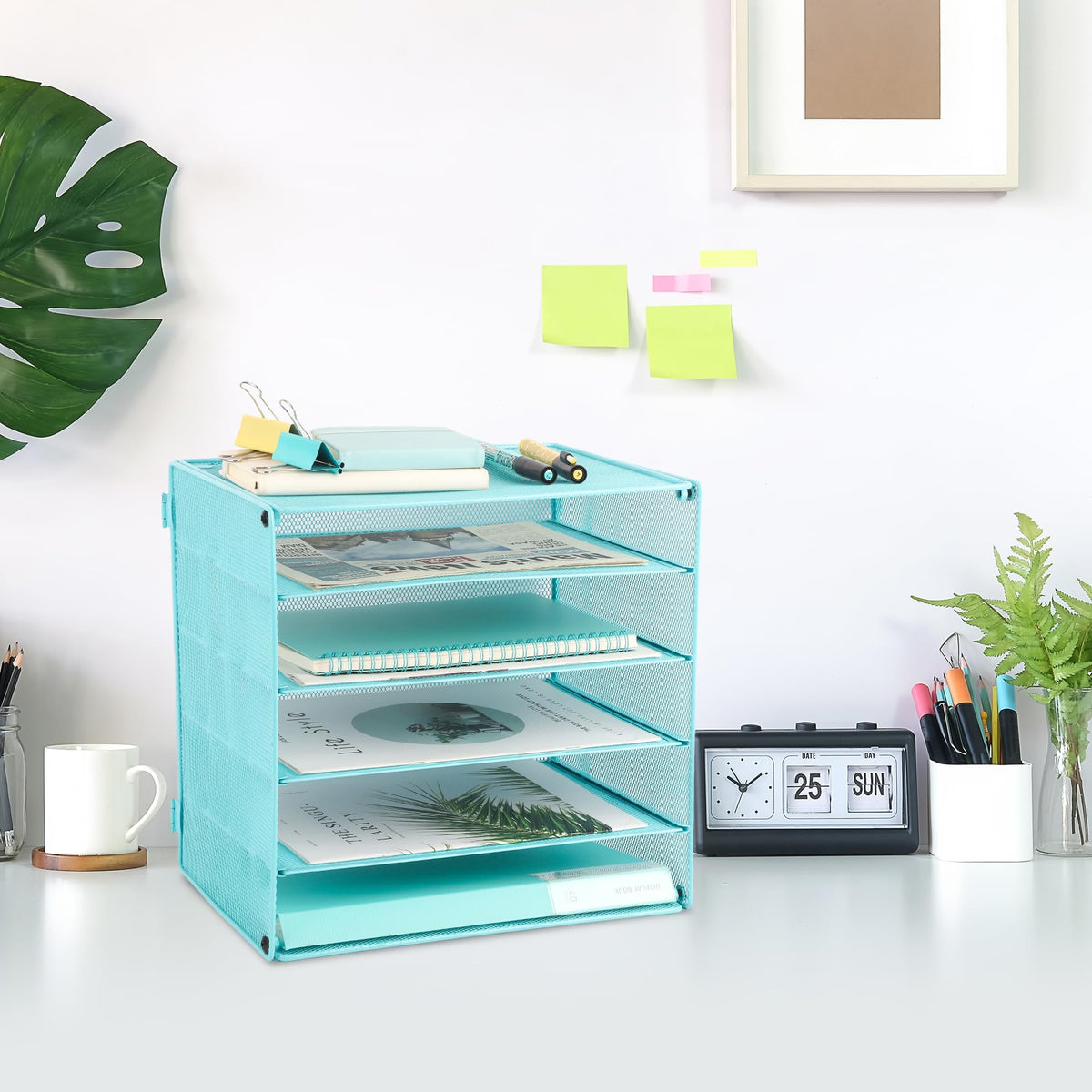 EASEPRES 5 Slot Mesh Desk Organizer Tray, File Paper Letter Folder Holder Desktop Paper Sorter Mail